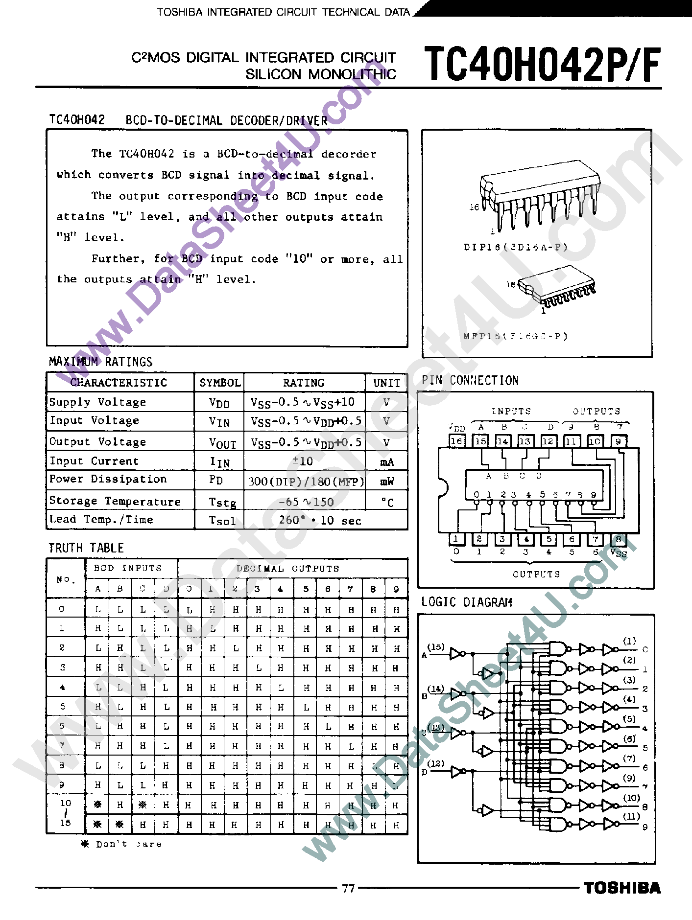 Даташит TC40H042F - BCD-to-Decimal Decoder / Driver страница 1