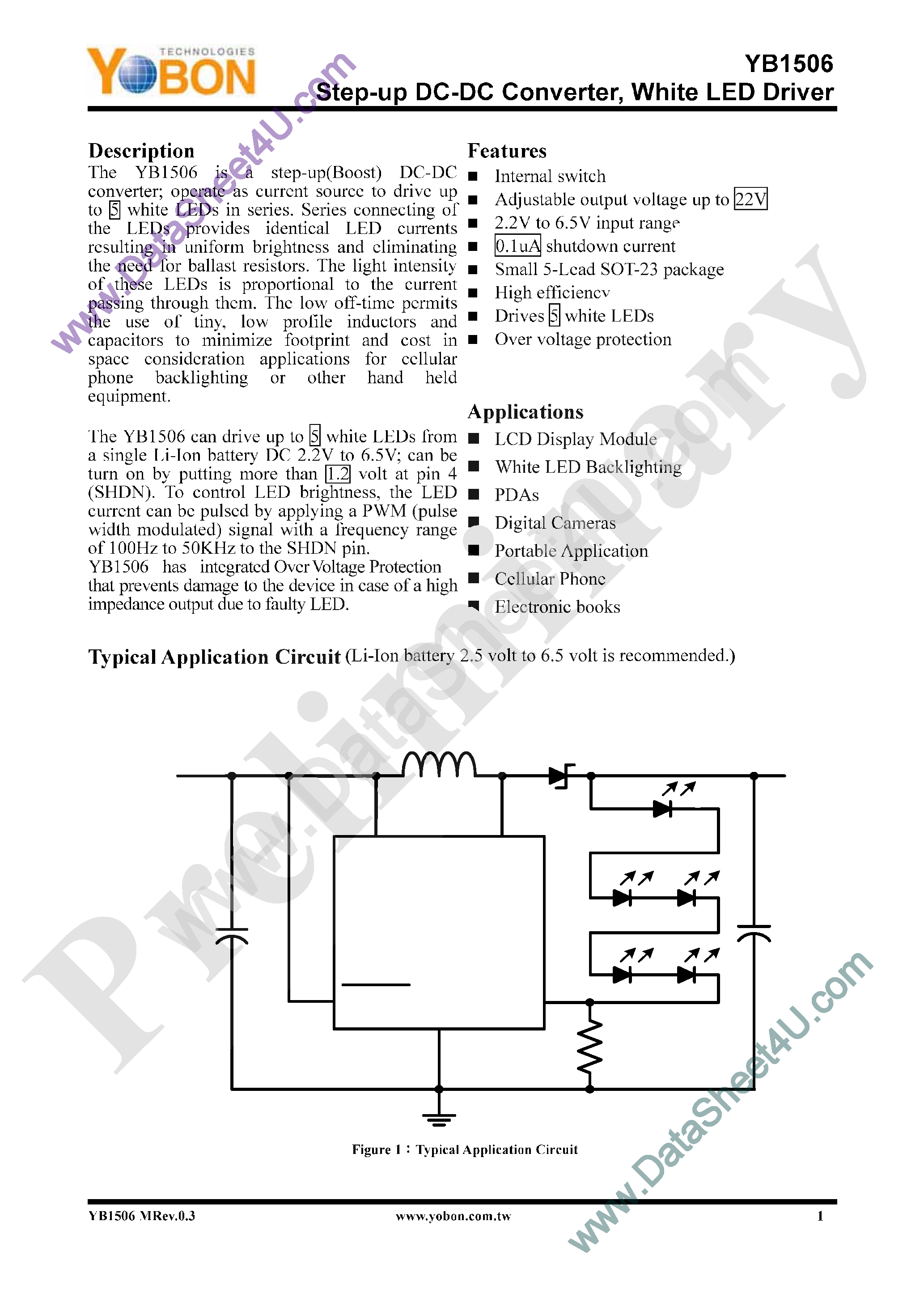 Datasheet YB1506 - Step-Up DC-DC Converter page 1