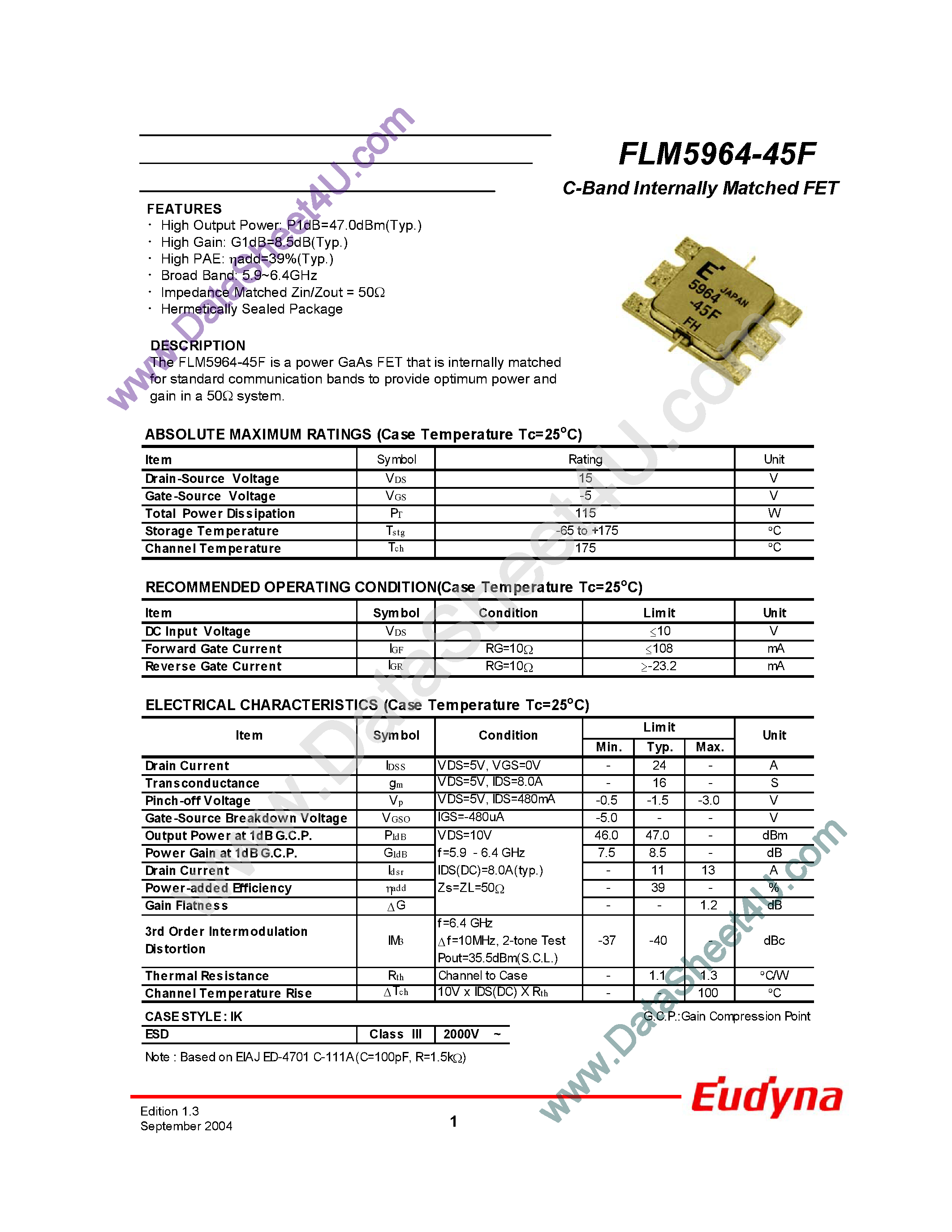 Datasheet FLM5964-45F - C-Band Internally Matched FET page 1