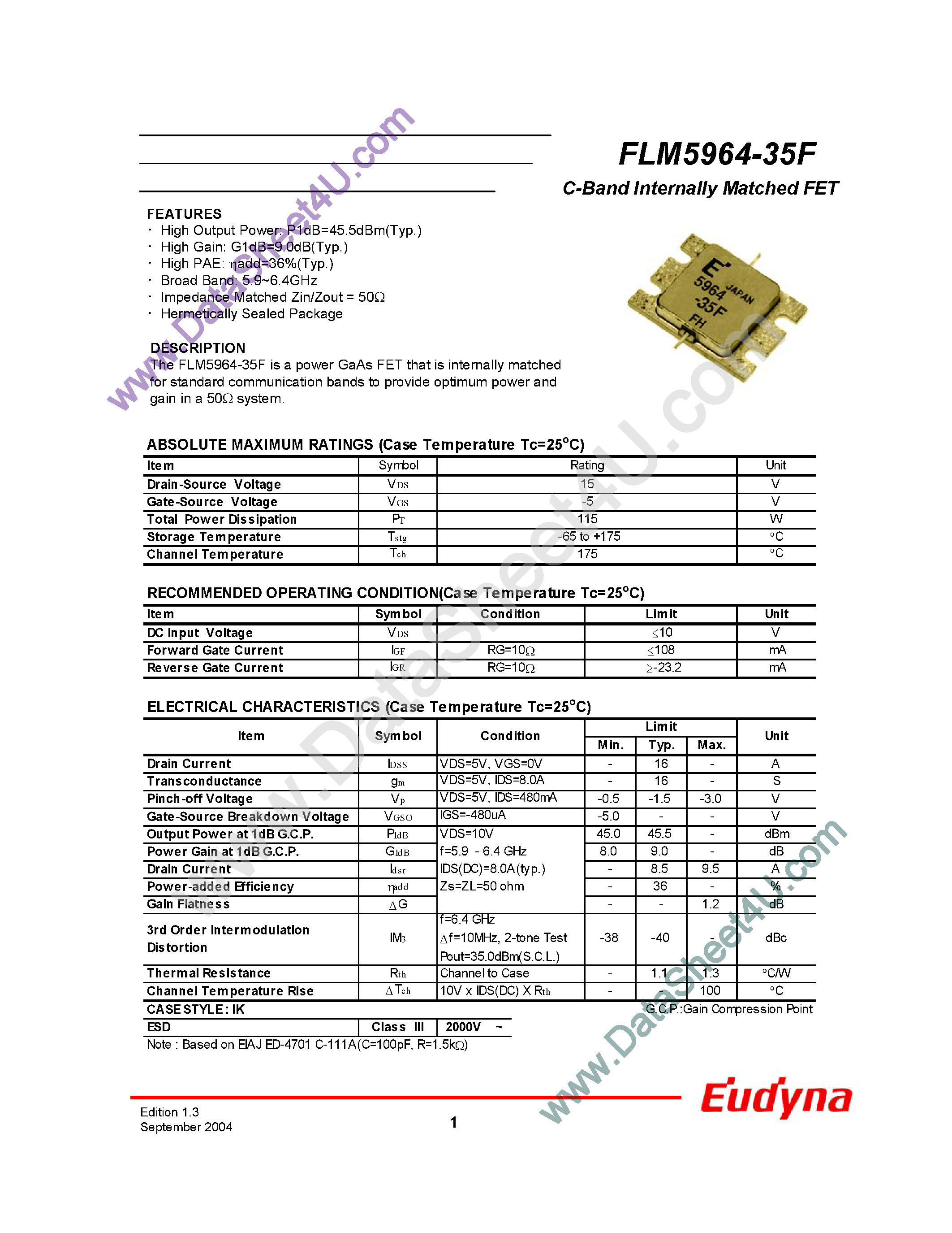 Datasheet FLM5964-35F - C-Band Internally Matched FET page 1