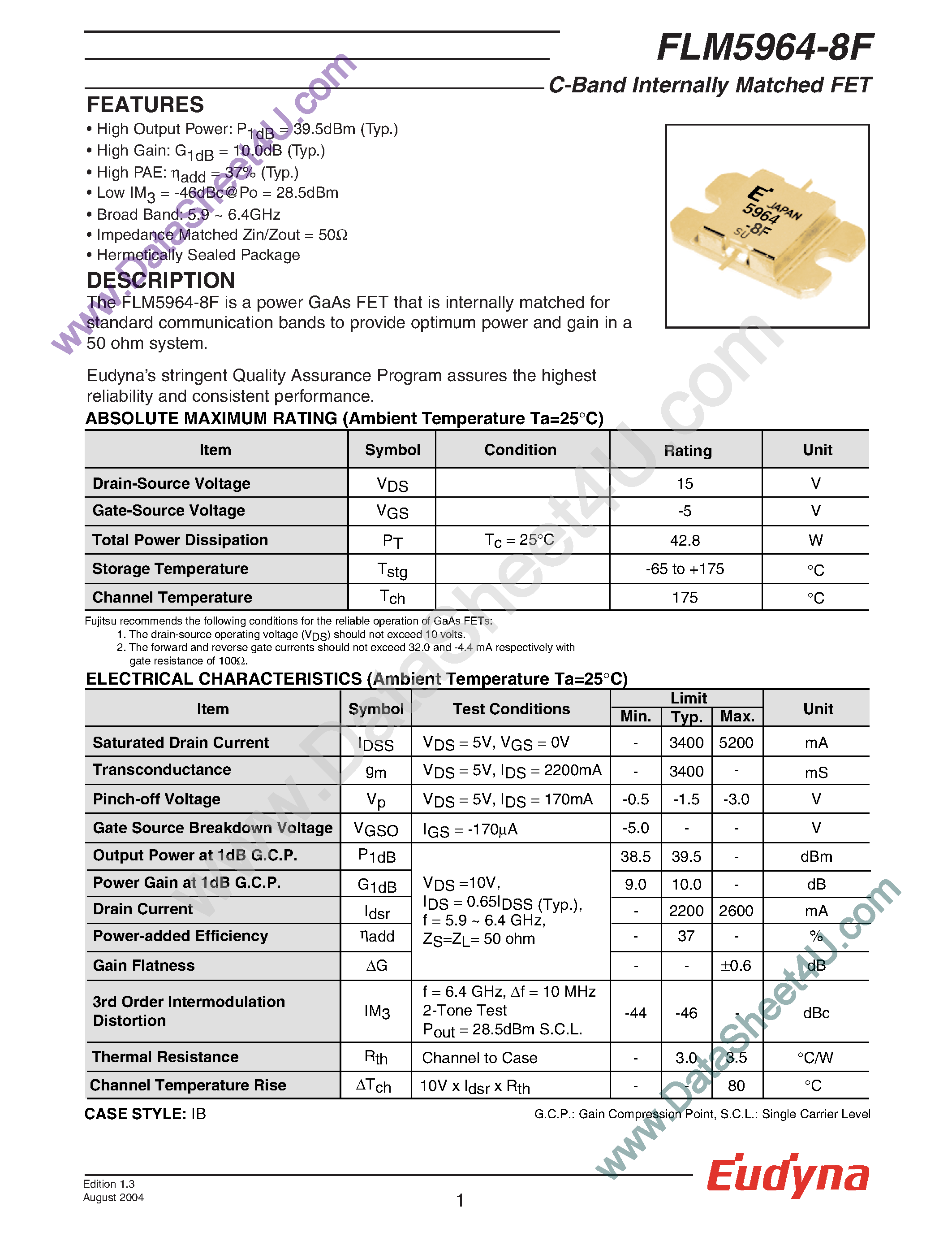 Datasheet FLM5964-8F - C-Band Internally Matched FET page 1