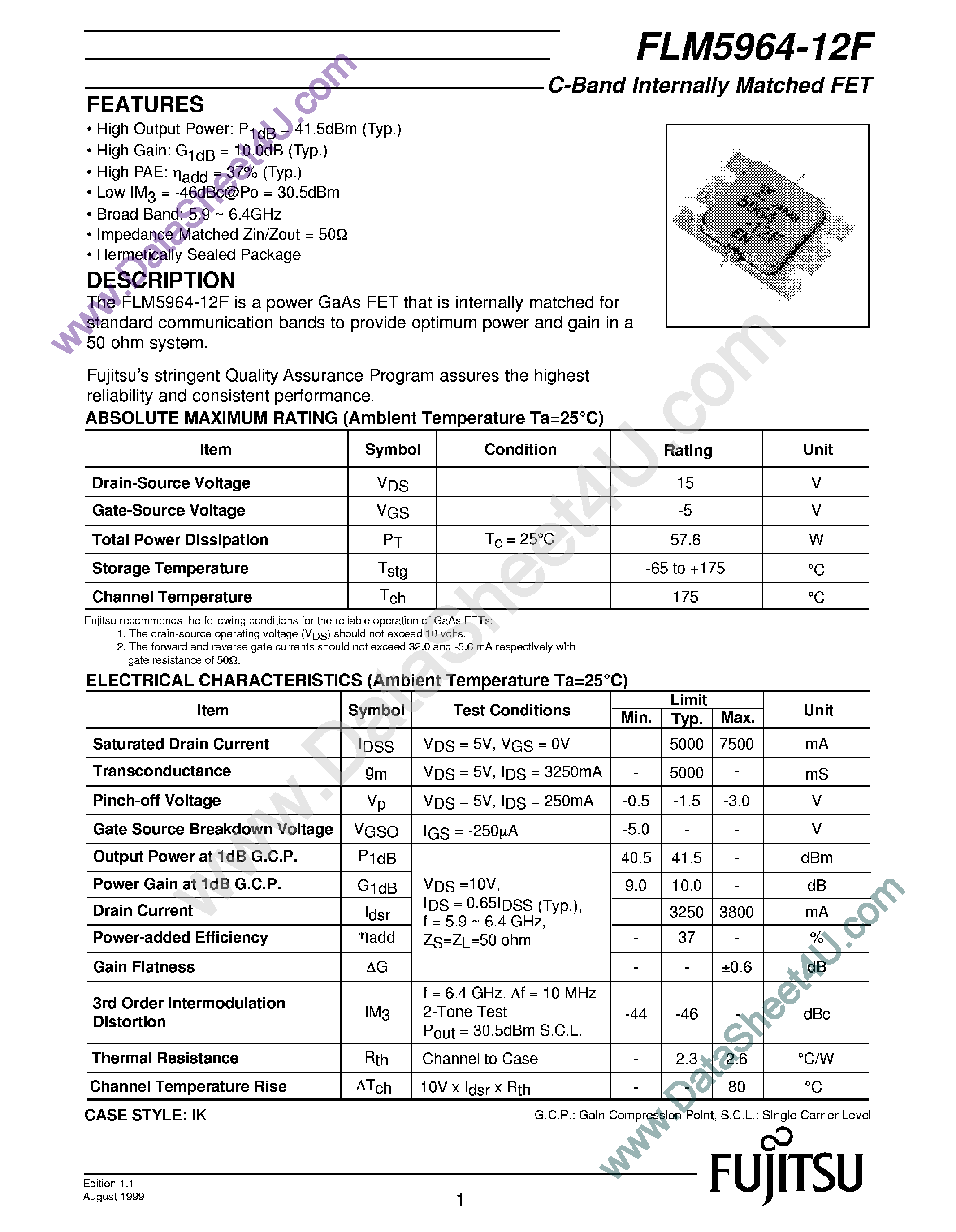 Datasheet FLM5964-12F - C-Band Internally Matched FET page 1