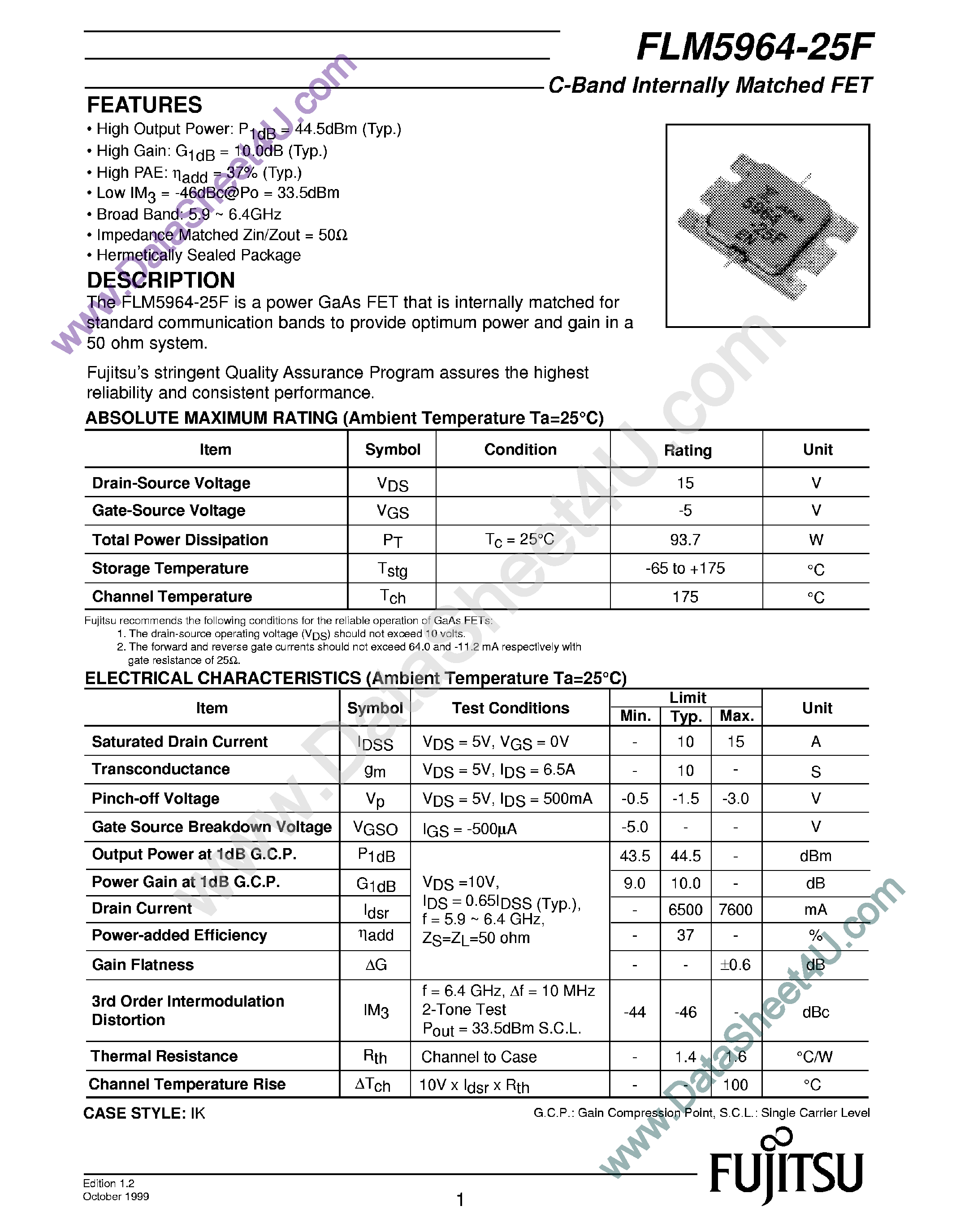 Datasheet FLM5964-25F - C-Band Internally Matched FET page 1