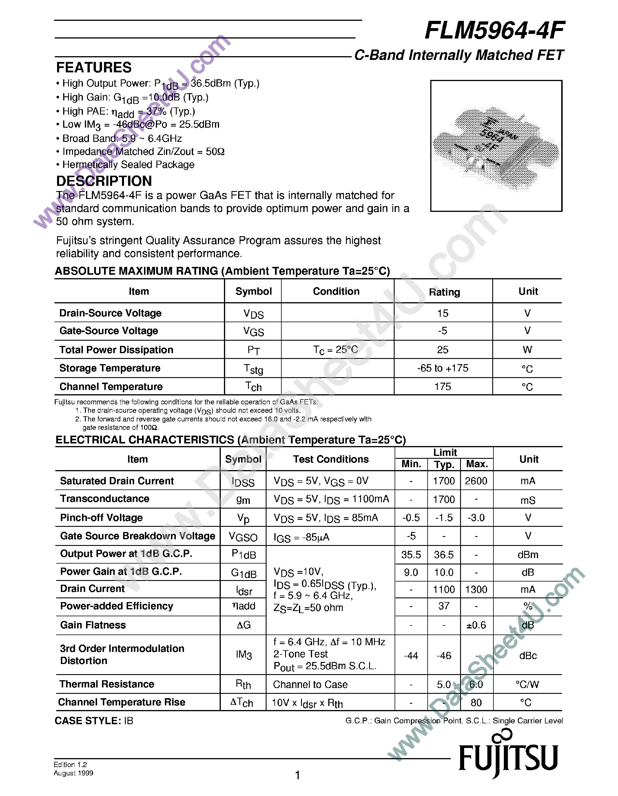 Datasheet FLM5964-4F - C-Band Internally Matched FET page 1