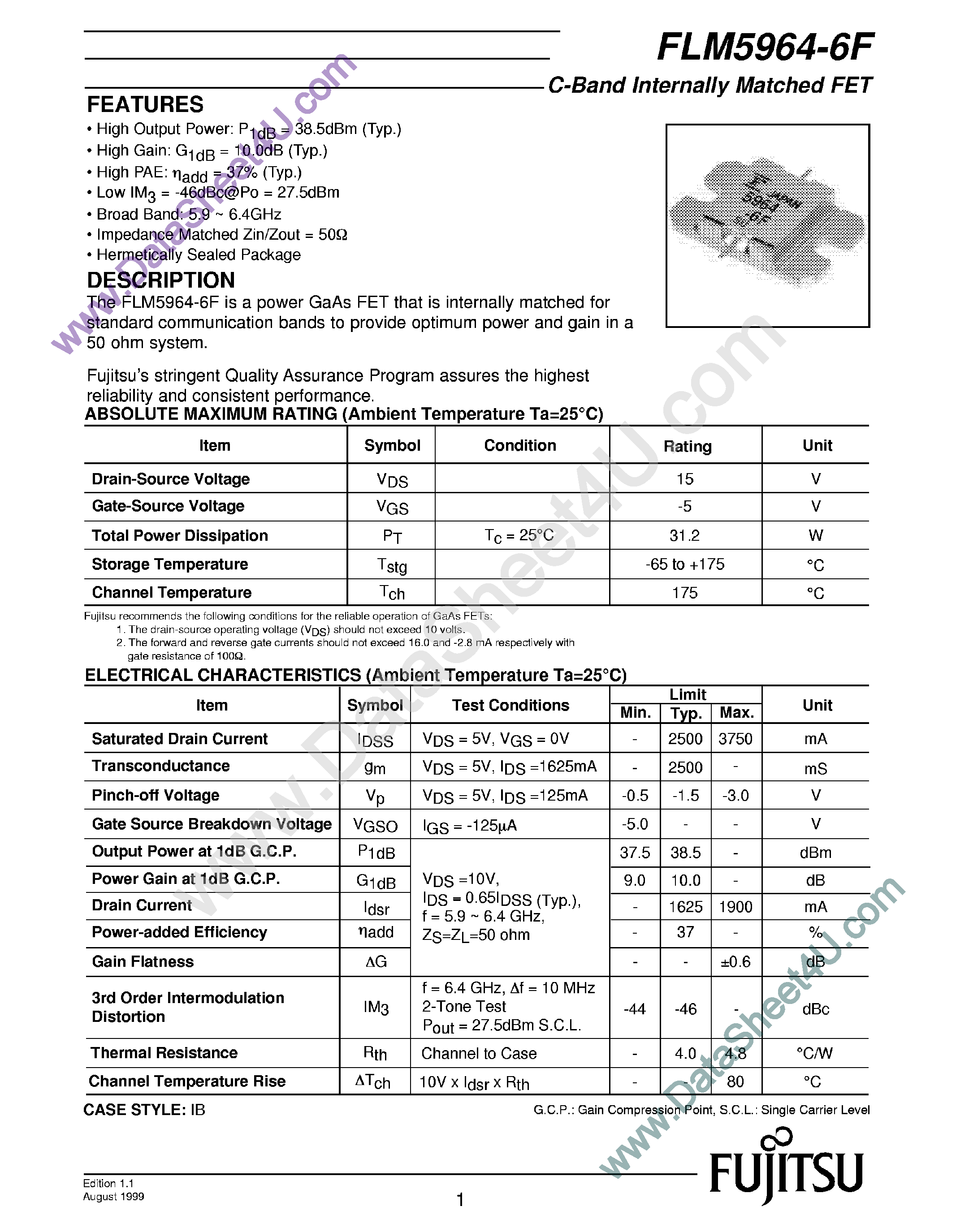 Datasheet FLM5964-6F - C-Band Internally Matched FET page 1