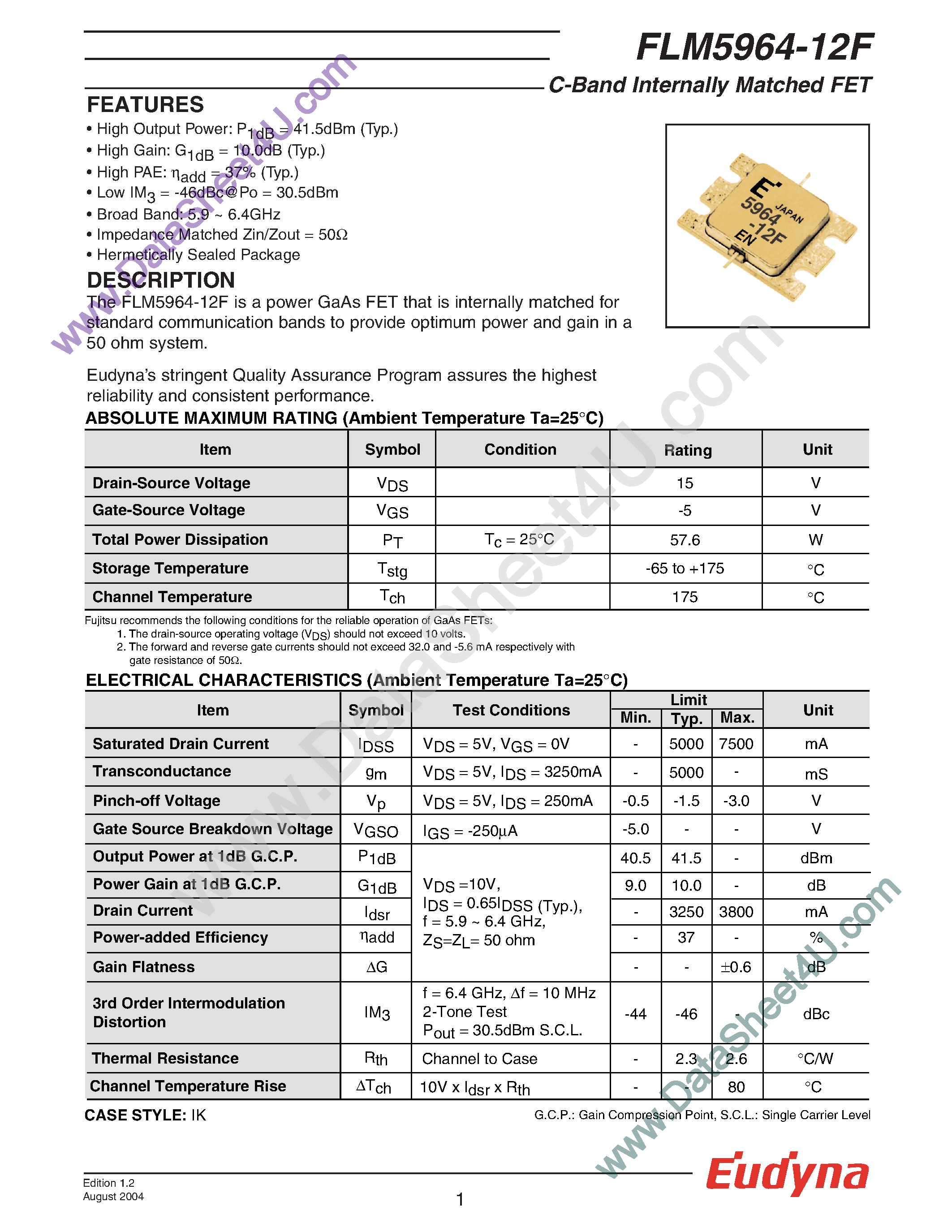 Datasheet FLM5964-12F - C-Band Internally Matched FET page 1