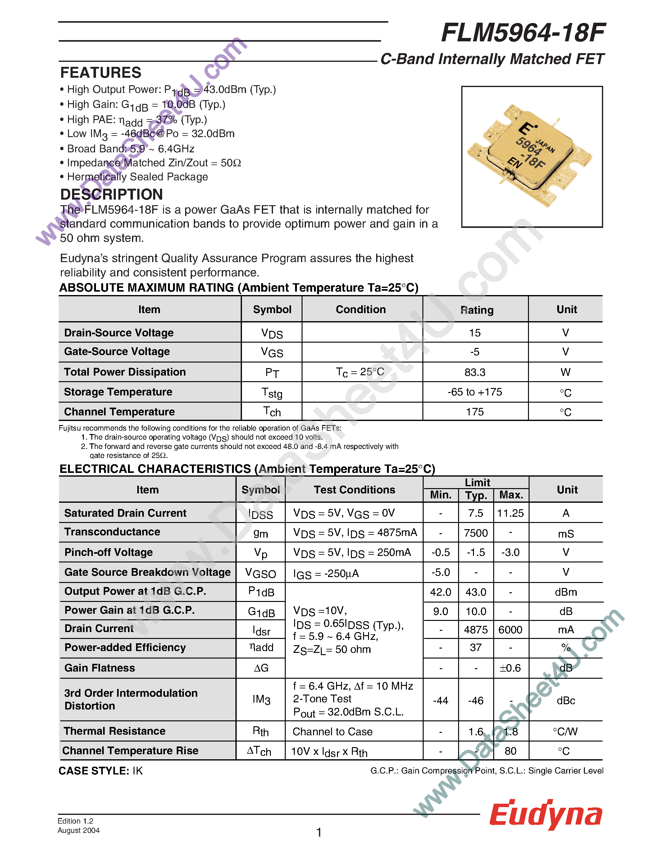 Datasheet FLM5964-18F - C-Band Internally Matched FET page 1