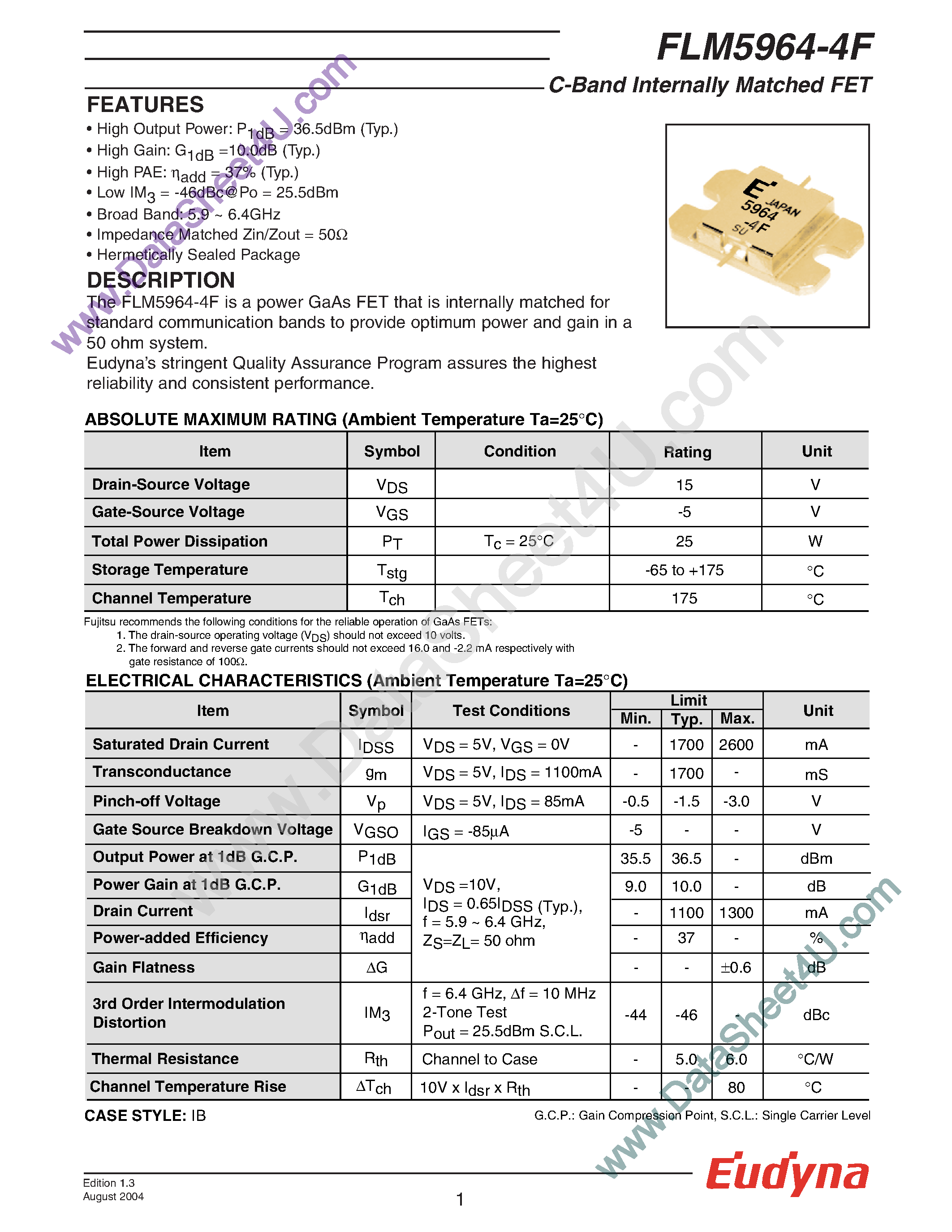 Datasheet FLM5964-4F - C-Band Internally Matched FET page 1