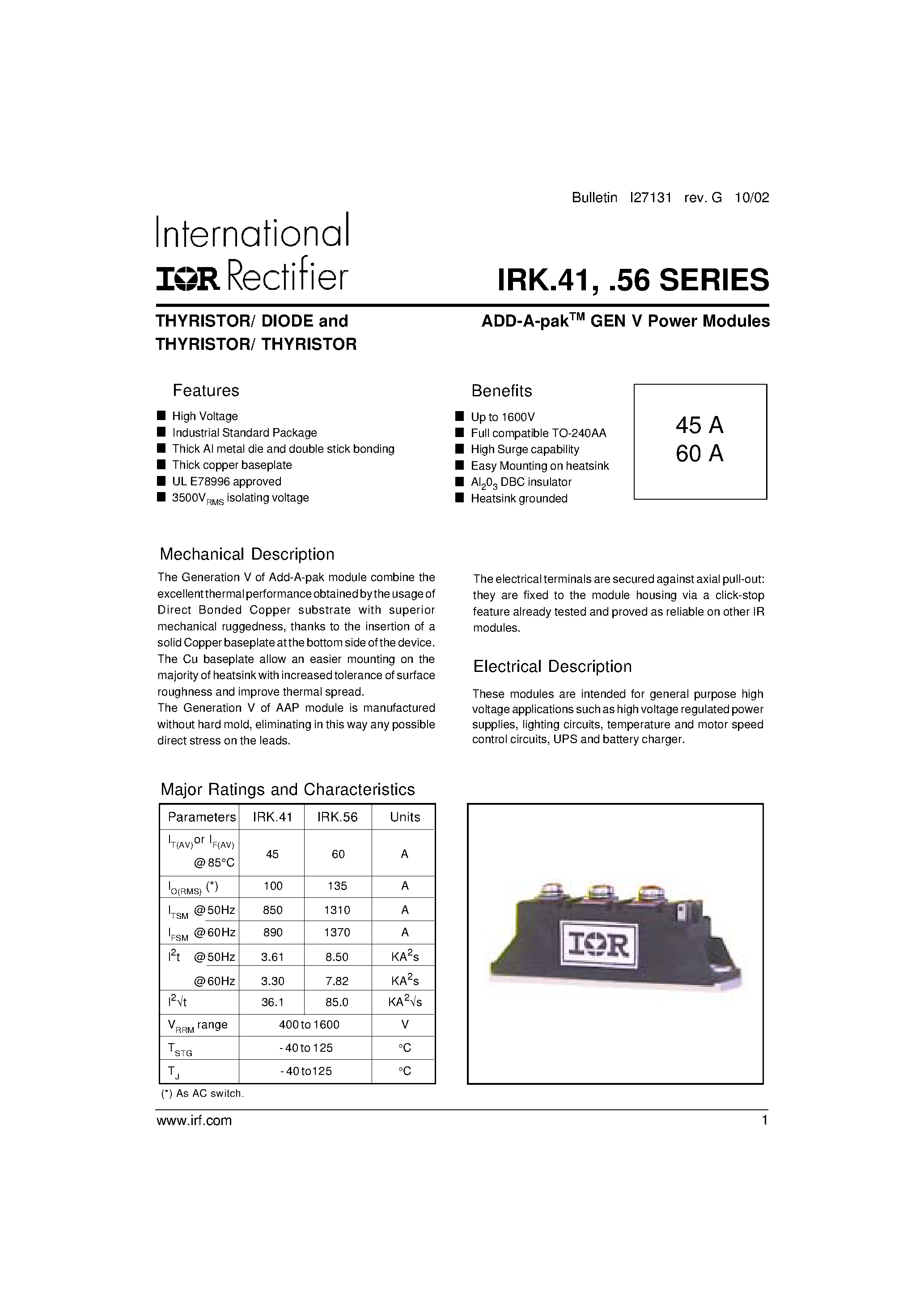 Datasheet IRKH46 - (IRKT41 / IRKT56) THYRISTOR/ DIODE and THYRISTOR/ THYRISTOR ADD-A-pakTM GEN V Power Modules page 1