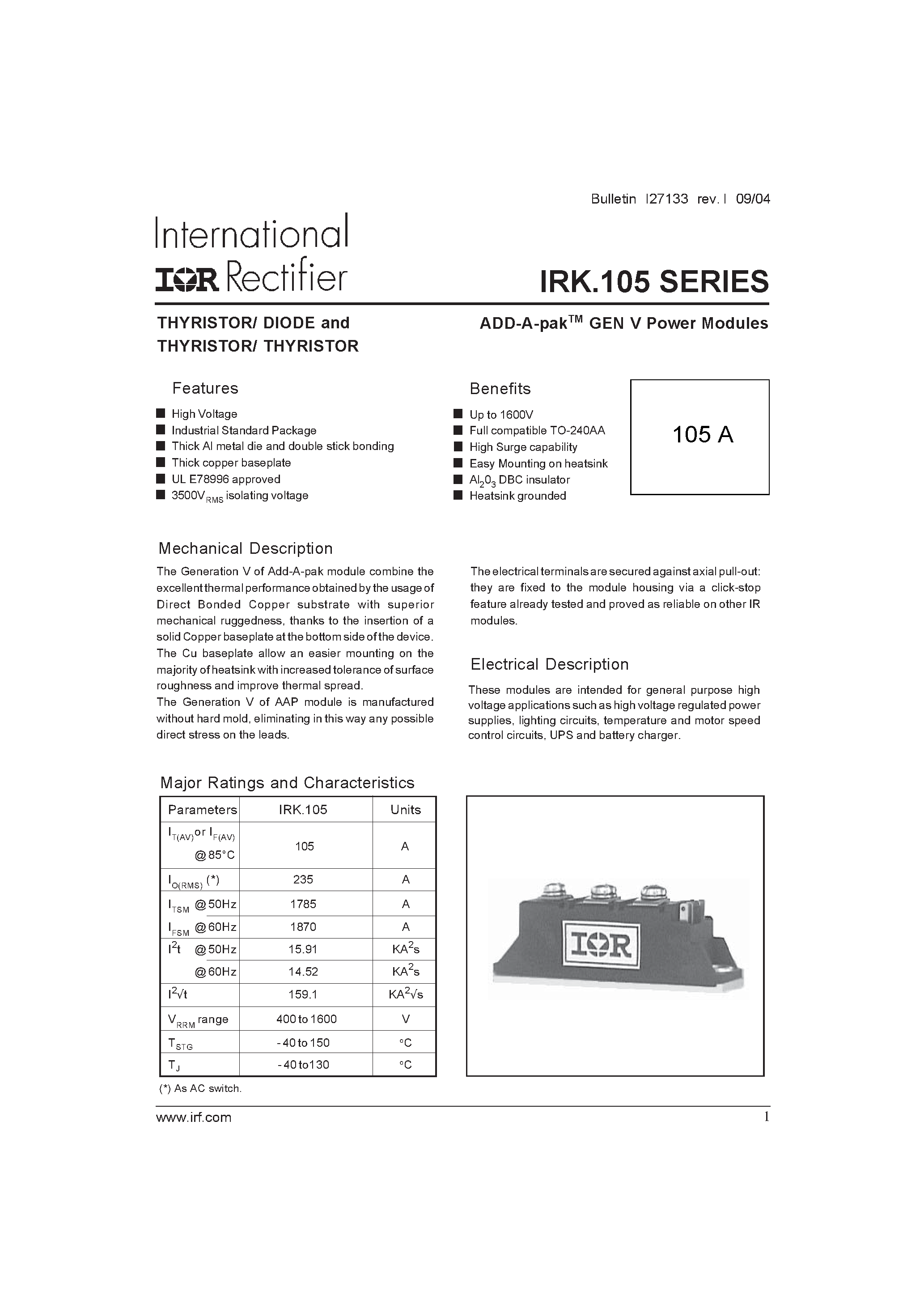 Datasheet IRKH105 - ADD-A-pak GEN V Power Modules page 1