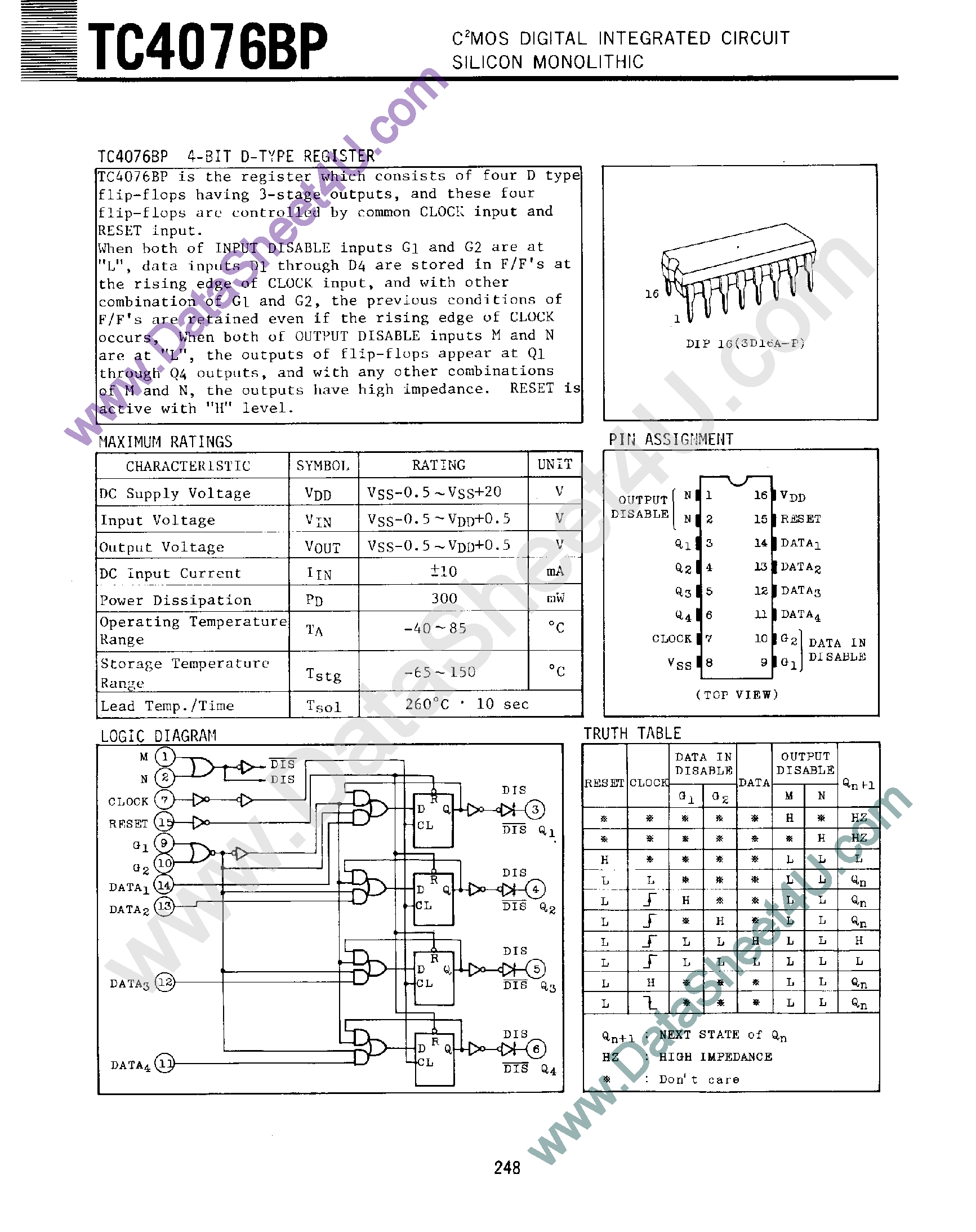 Даташит TC4076BP - 4-Bit D-Type Register страница 1