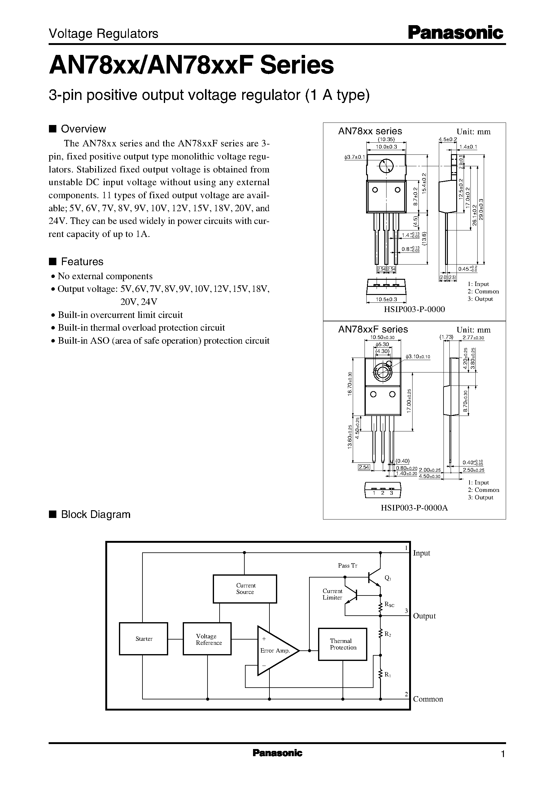 Даташит AN7805 - (AN78xx/F) 3-pin positive output voltage regulator (1 A type) страница 1