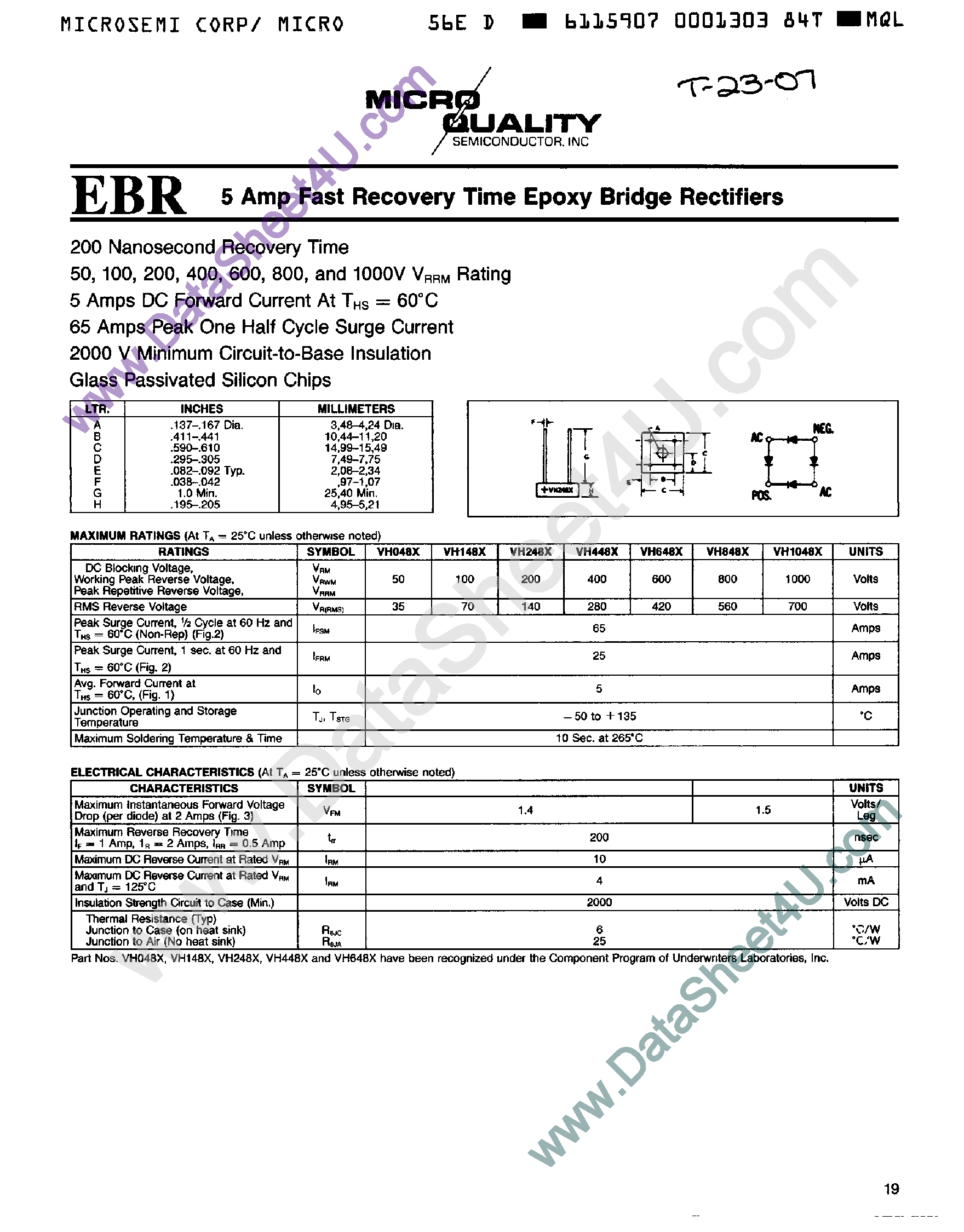 Datasheet VH048X - 5 Amp Fast Recovery Time Epoxy Bridge Rectifiers page 1