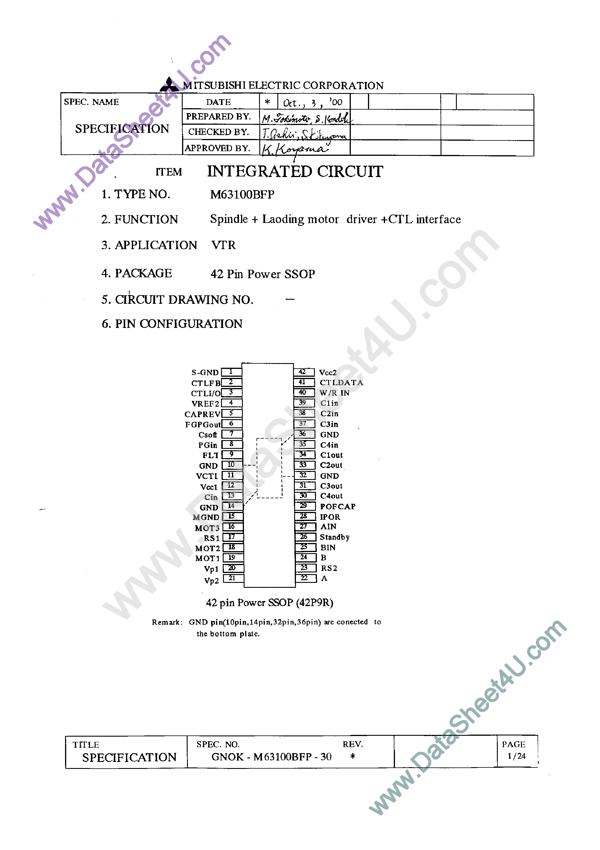 Даташит M63100BFP - Spindle + Loading Motor Driver + CTL Interface страница 1