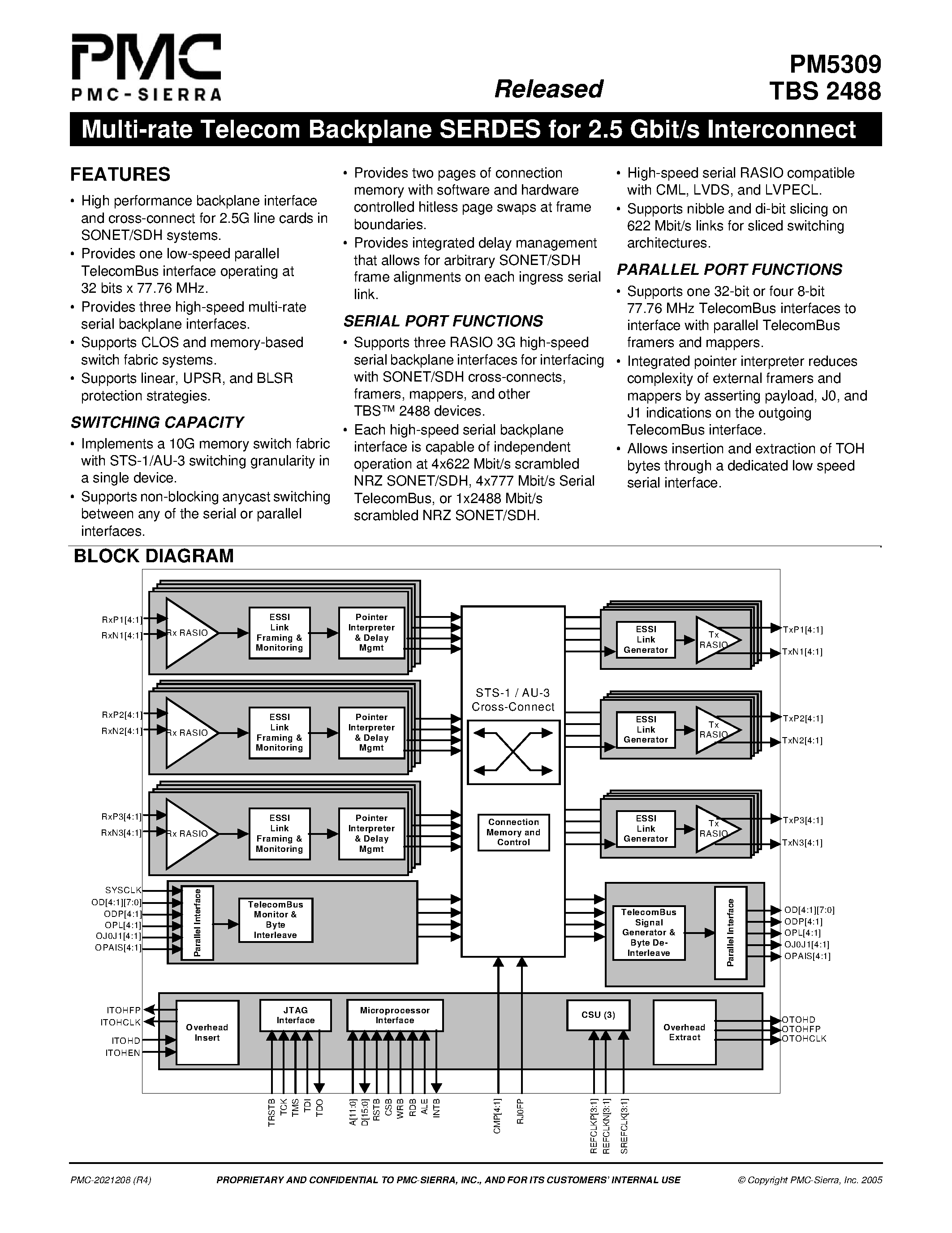 Даташит PM5309 - Multi-rate Telecom Backplane SERDES for 2.5 Gbit/s Interconnect страница 1