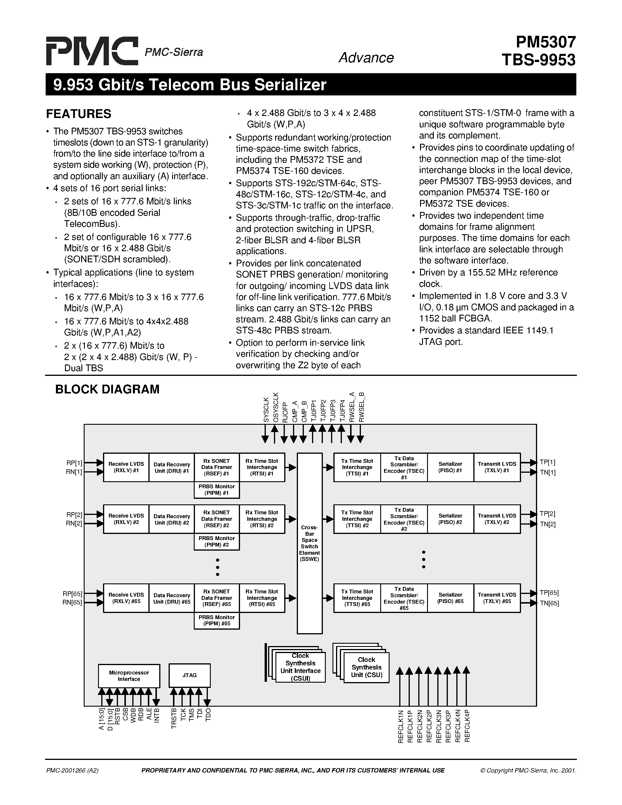 Даташит PM5307 - 9.953 Gbit/s Telecom Bus Serializer страница 1