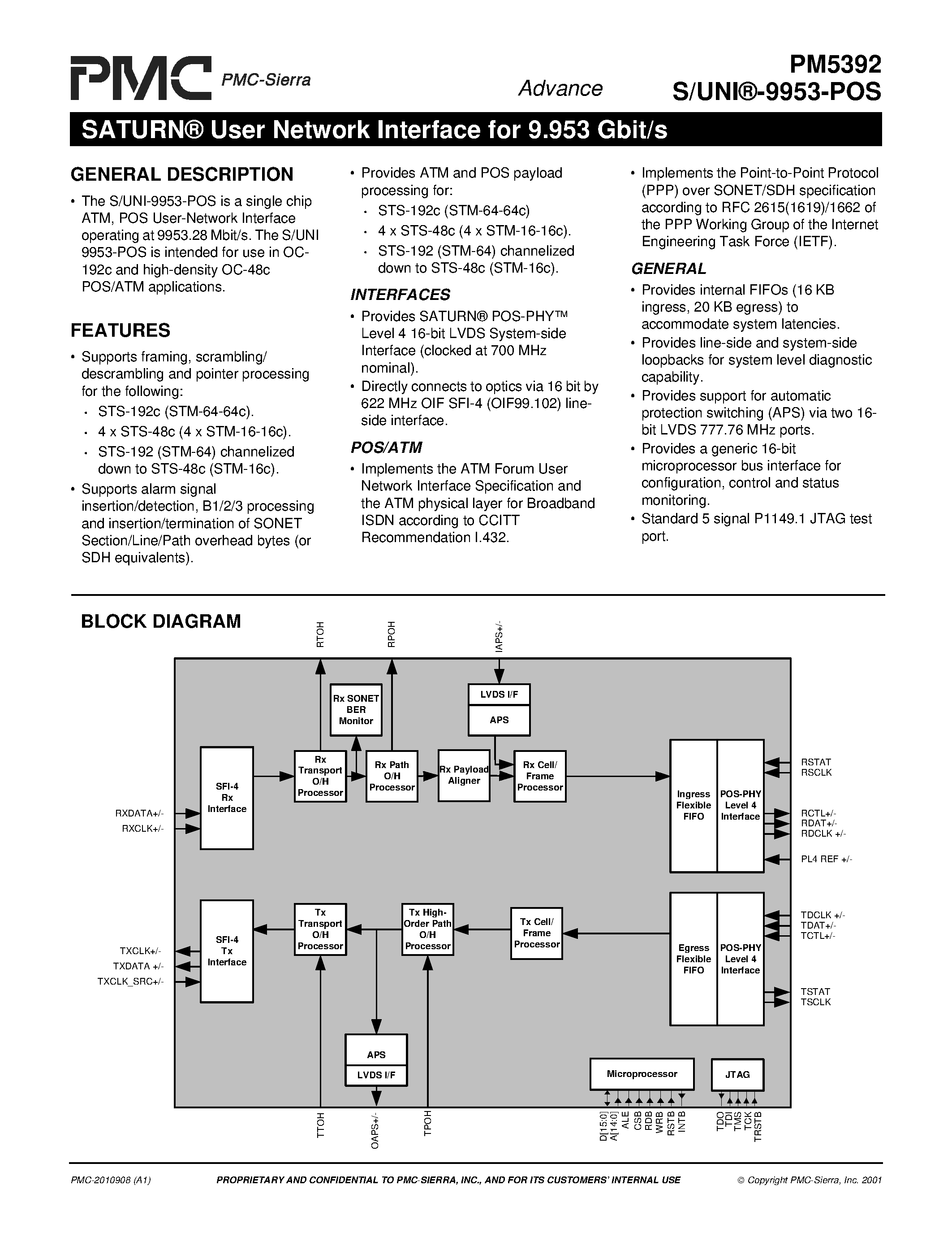 Даташит PM5392 - SATURN User Network Interface for 9.953 Gbit/s страница 1