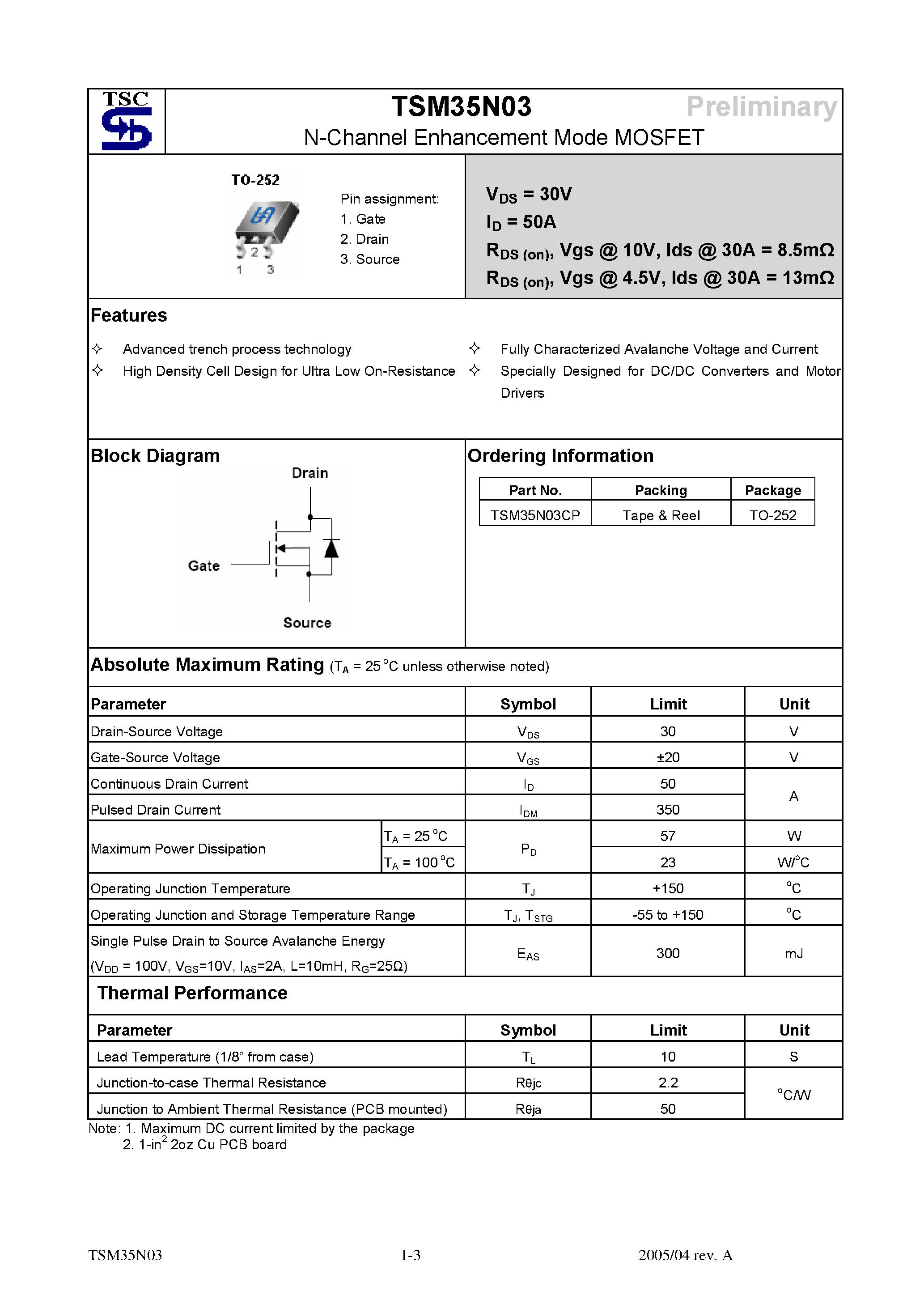 Даташит TSM35N03 - N-Channel Enhancement Mode MOSFET страница 1