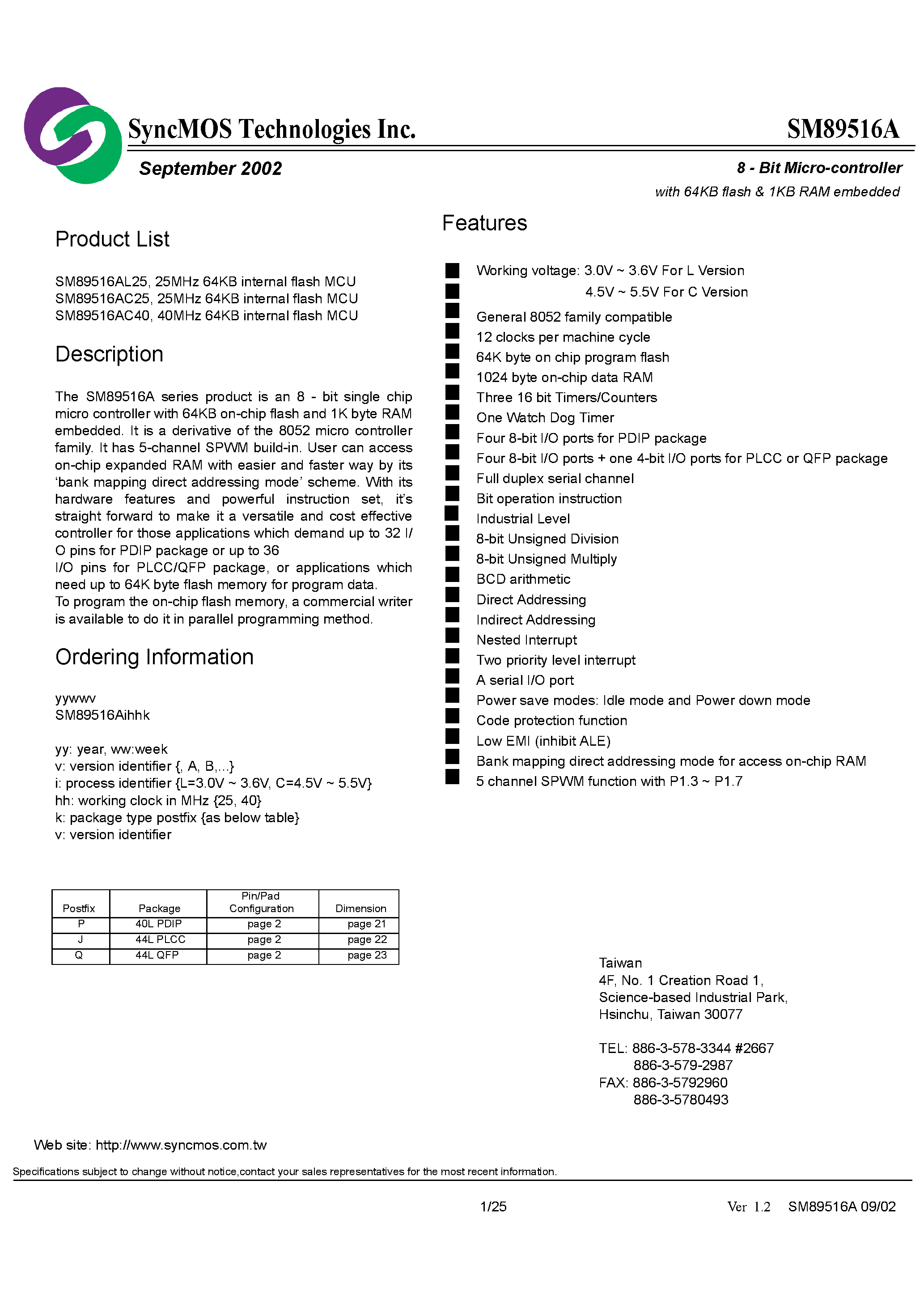 Datasheet SM89516A - 8 - Bit Micro-controller with 64KB flash 1KB RAM embedded page 1