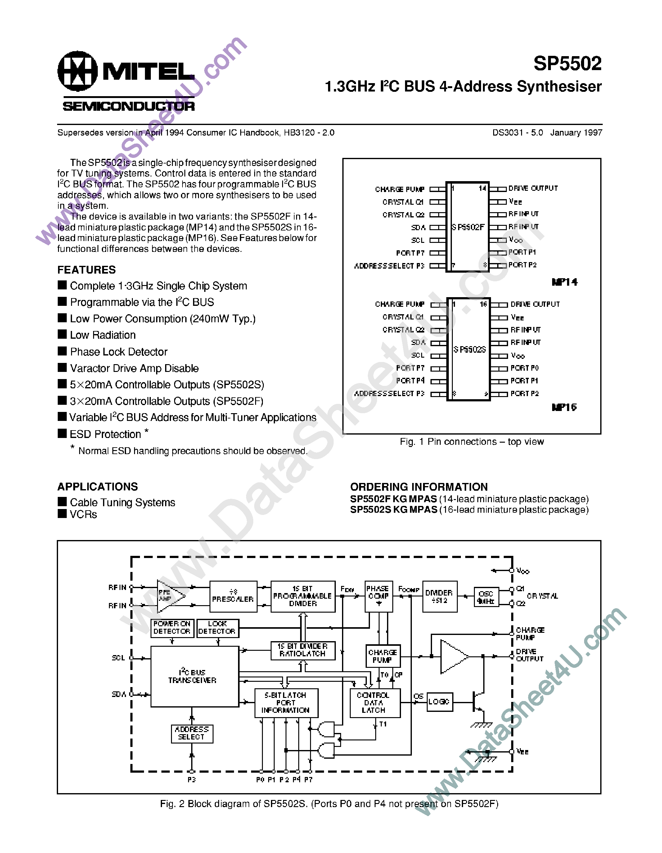 Даташит SP5502 - 1.3Ghz IC Bus 4-Address Synthesiser страница 1