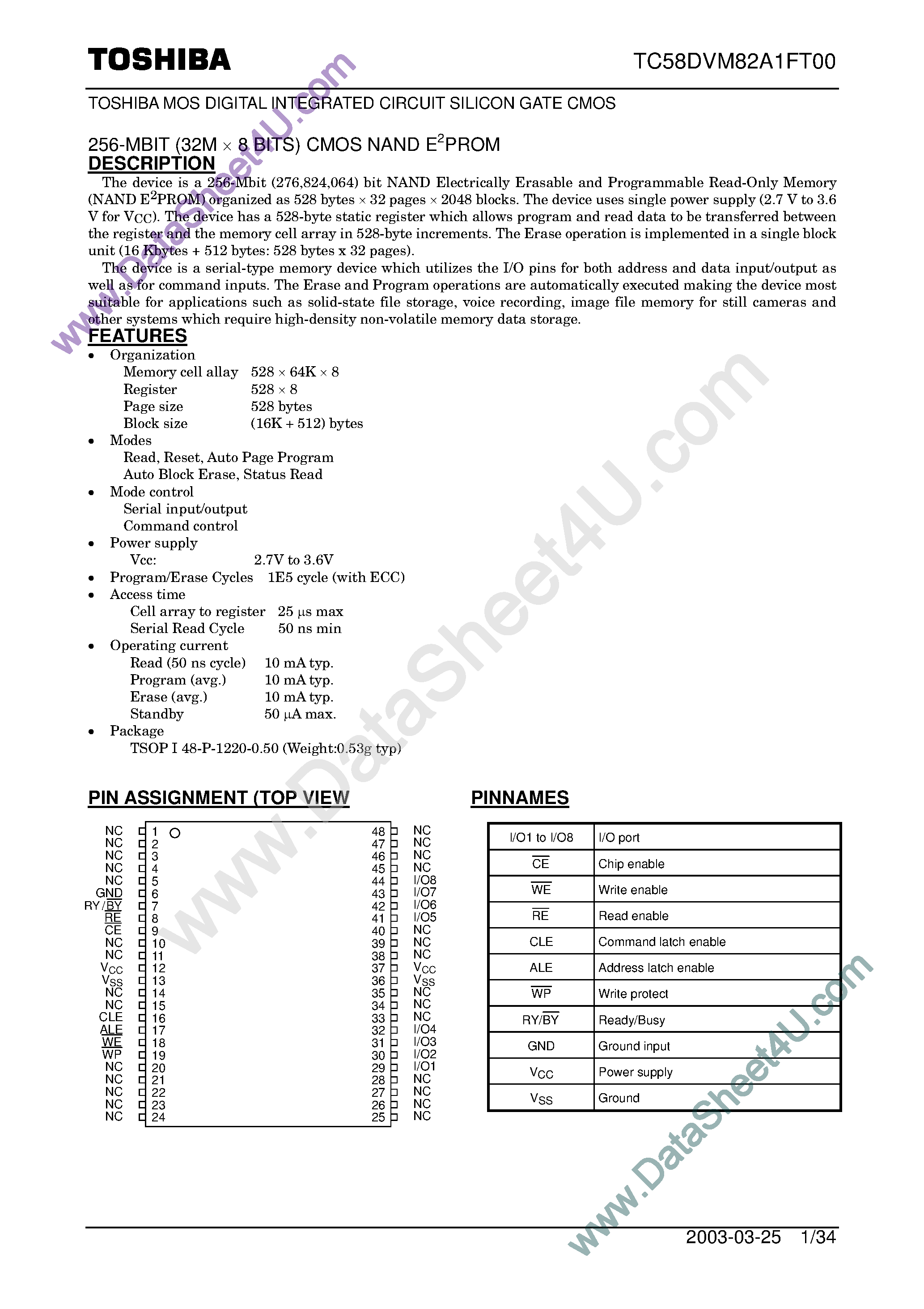 Datasheet TC58DVM82A1FT00 - 256-MBIT (32M x 8 BITS) CMOS NAND E2PROM page 1