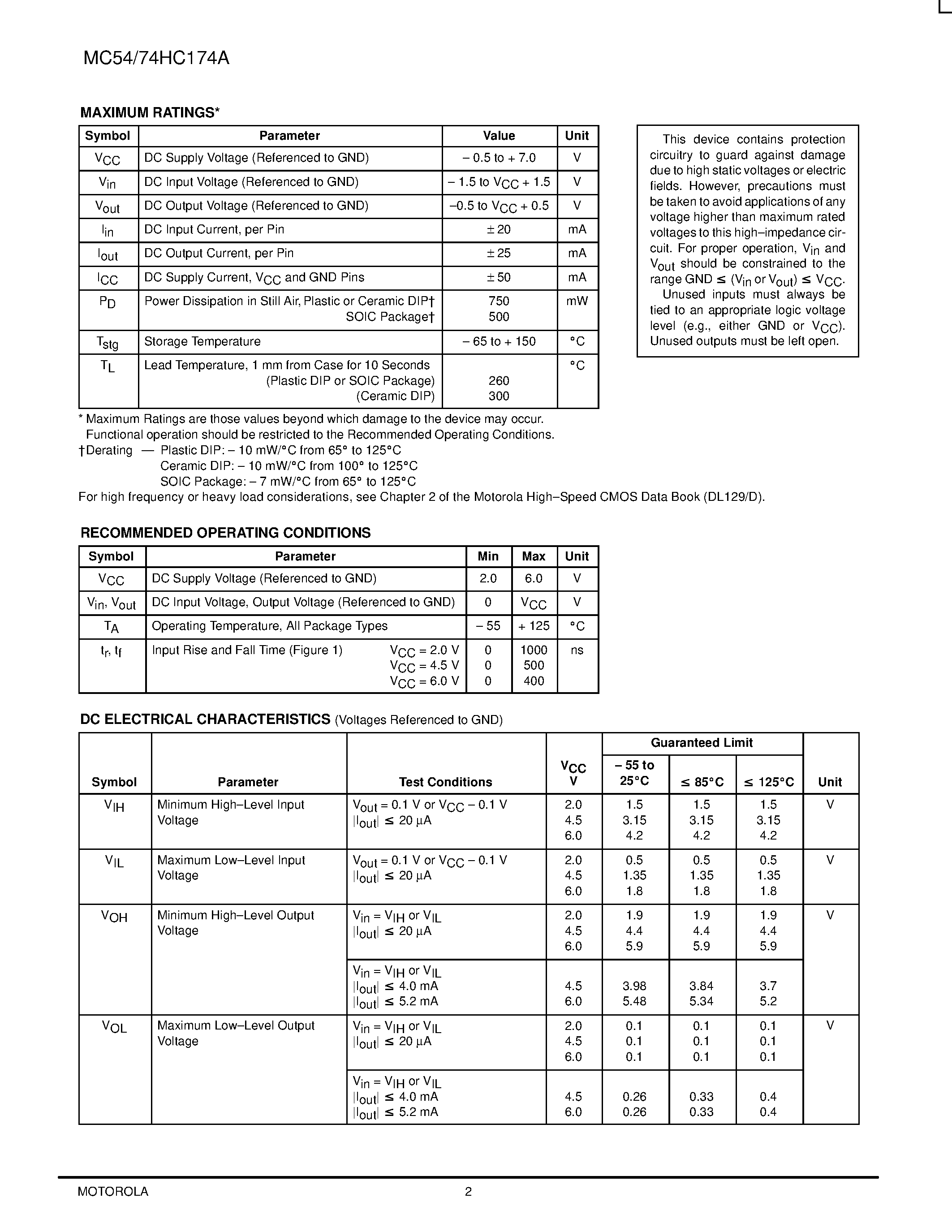 Datasheet MC54HC174A - Hex D Flip-Flop witth Common Clock and Reset page 2