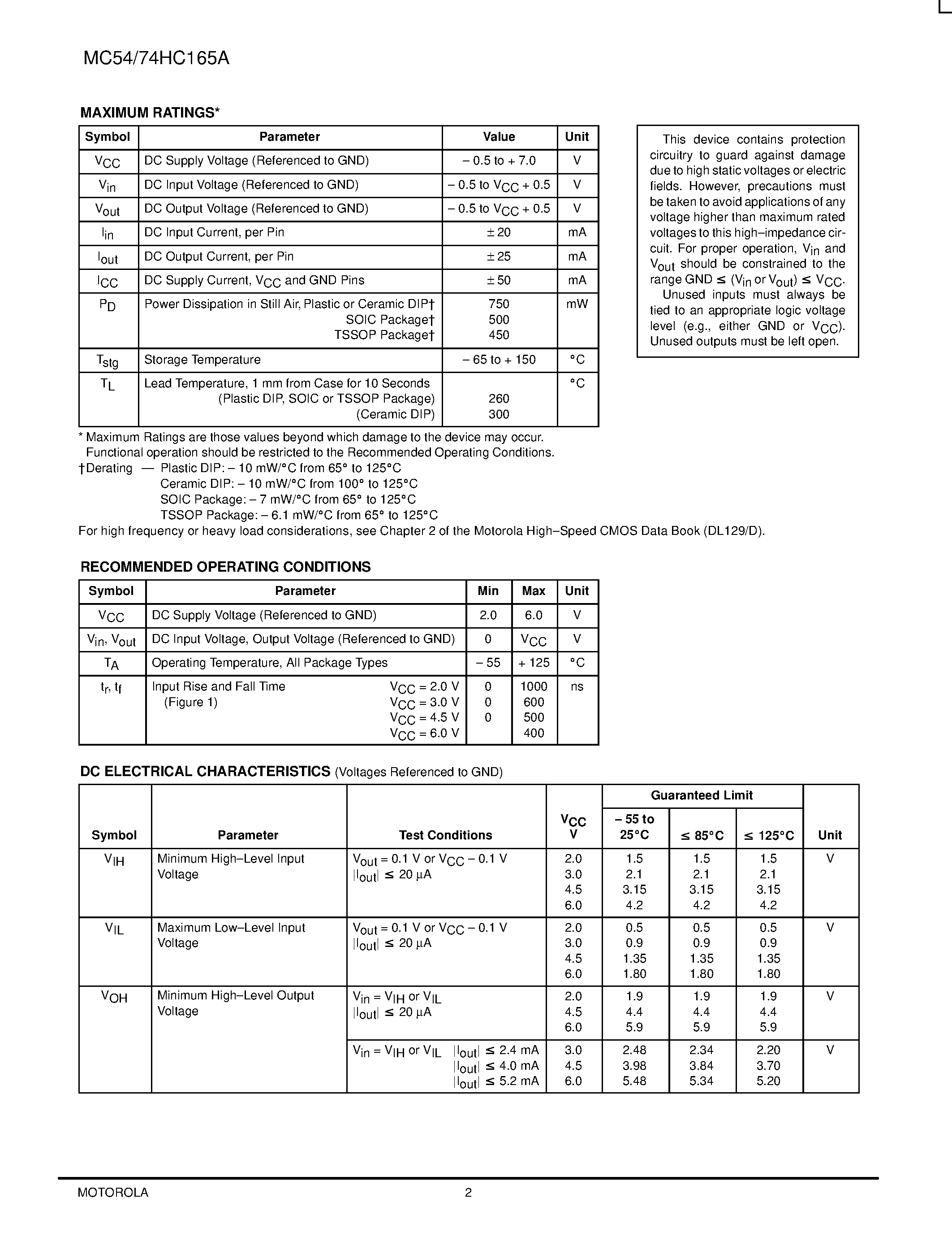 Datasheet MC54HC165A - 8-Bit Serial or Parallel-Input/Serial-Output Shift Register page 2