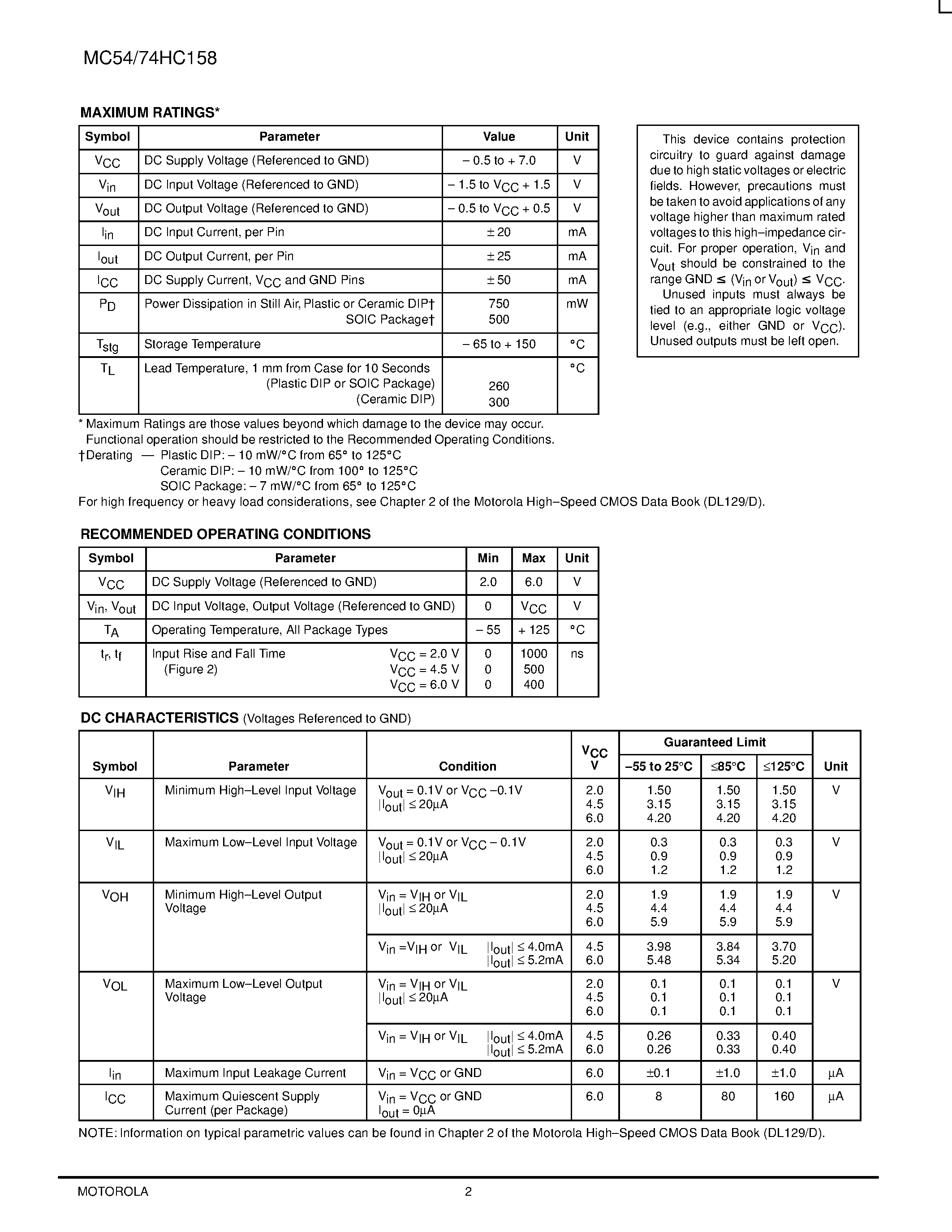 Datasheet MC54HC158 - Quad 2-Input Data Selector/Multiplexer page 2