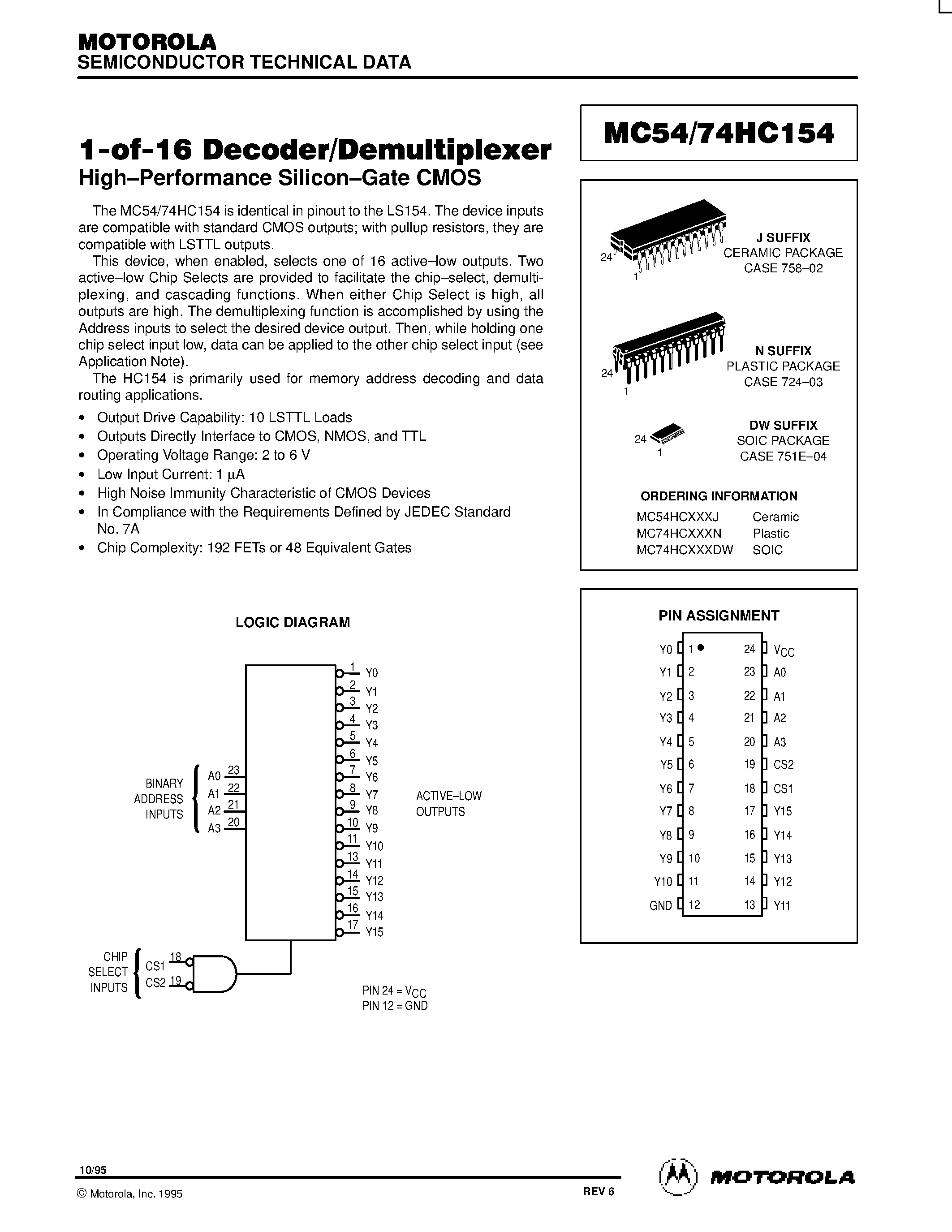 Datasheet MC54HC154 - 1-of-16 Decoder/Demultiplexer page 1