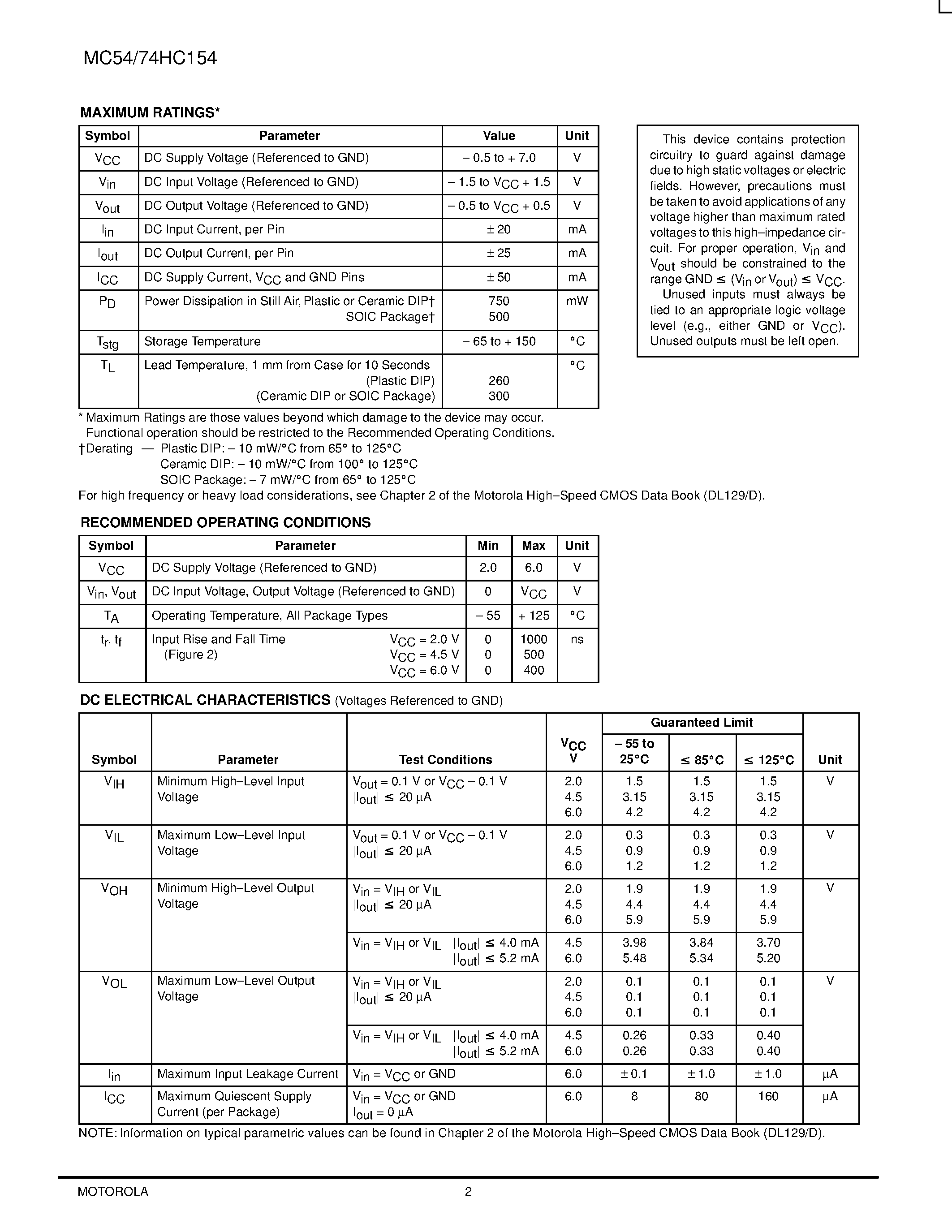 Datasheet MC54HC154 - 1-of-16 Decoder/Demultiplexer page 2