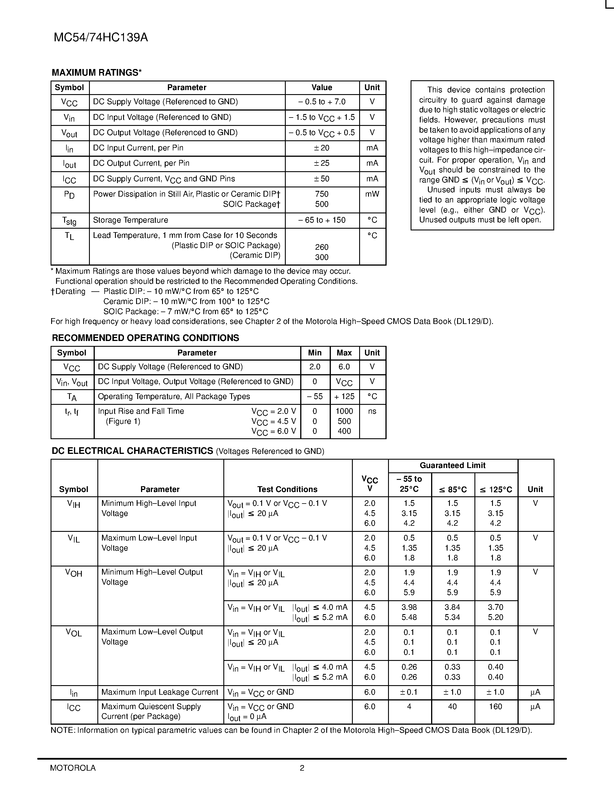 Datasheet MC54HC139A - Dual 1-of-4 Decoder/Demultiplexer page 2