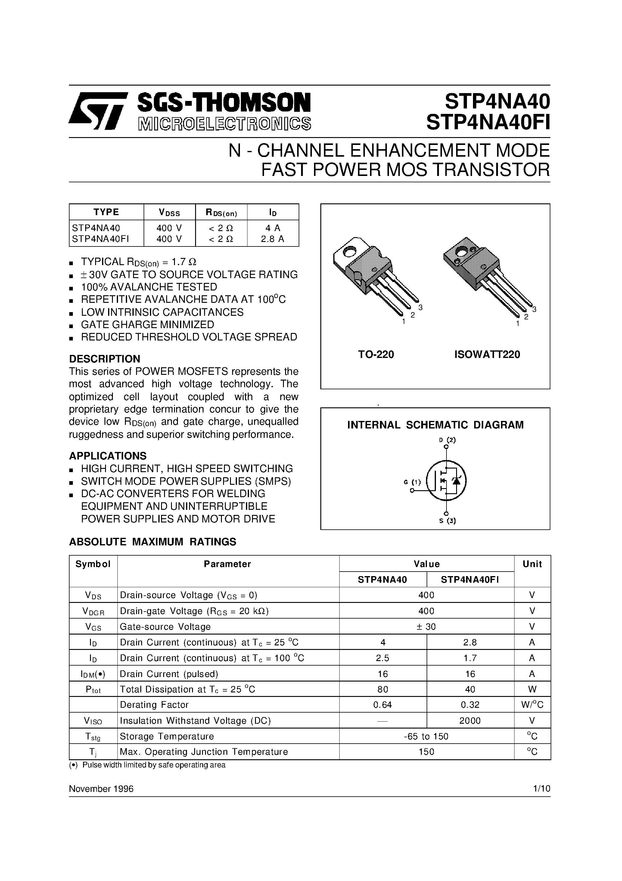 Даташит P4NA40F1 - Search -----> STP4NA40F1 страница 1