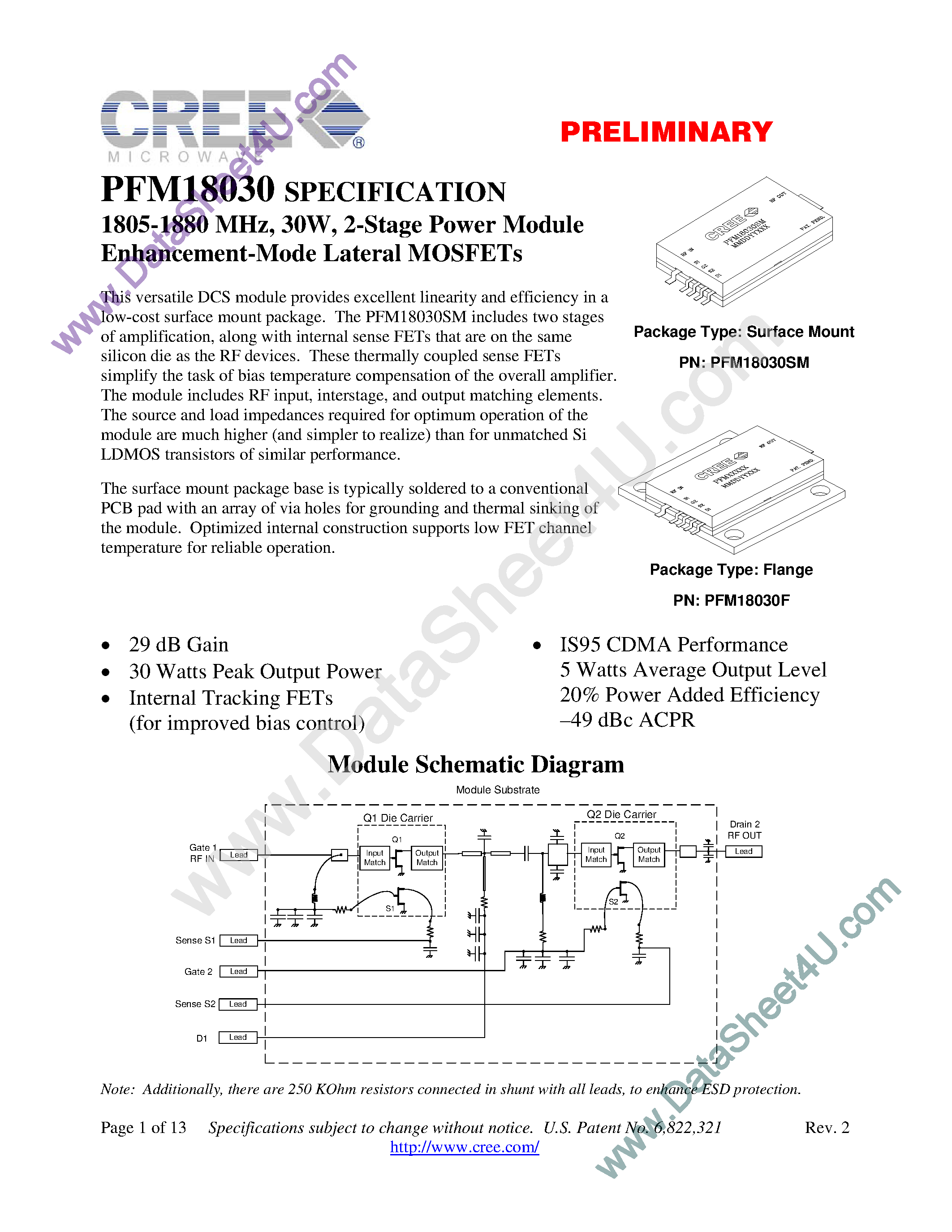 Даташит PFM18030 - 2-Stage Power Module Enhancement-Mode Lateral MOSFETs страница 1