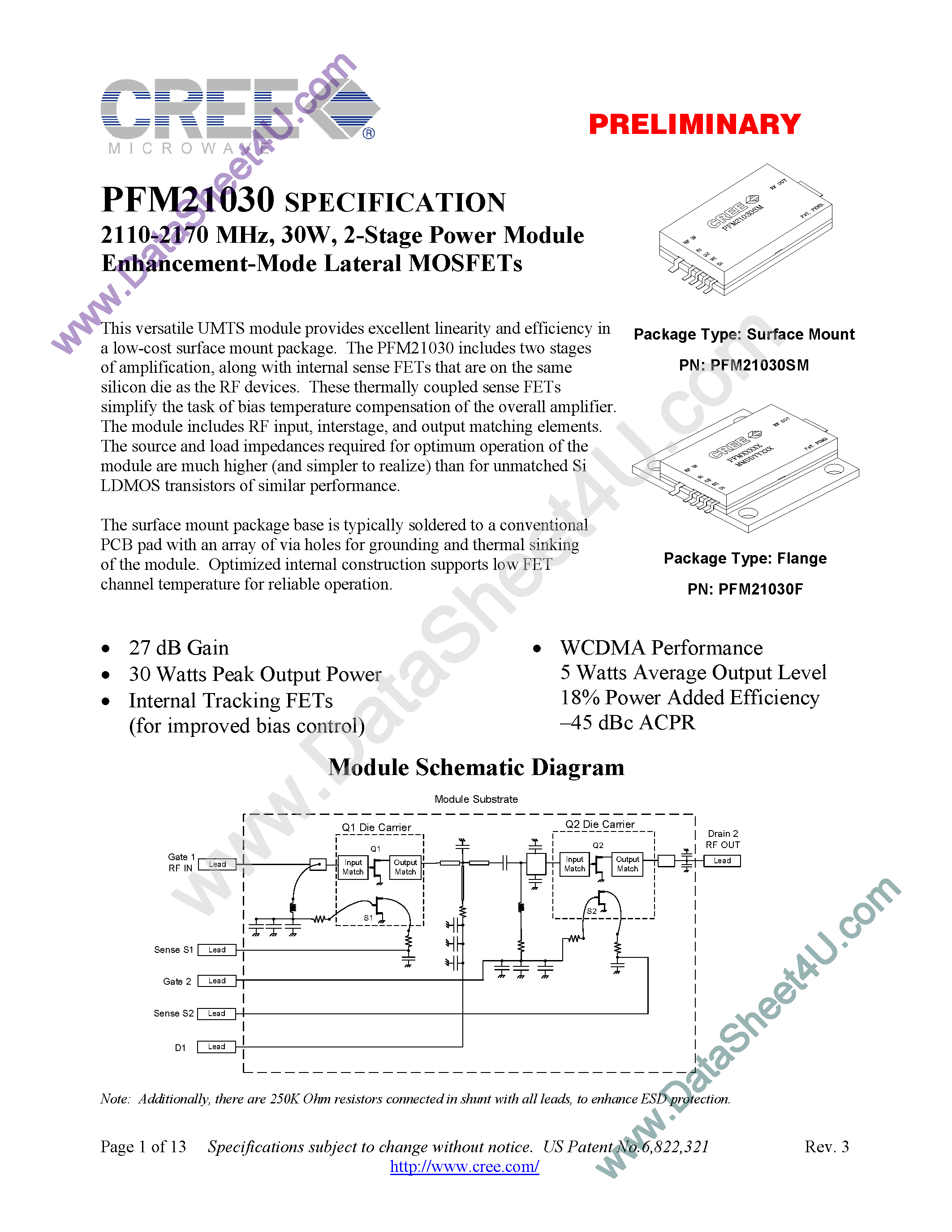 Даташит PFM21030 - 2-Stage Power Module Enhancement-Mode Lateral MOSFETs страница 1