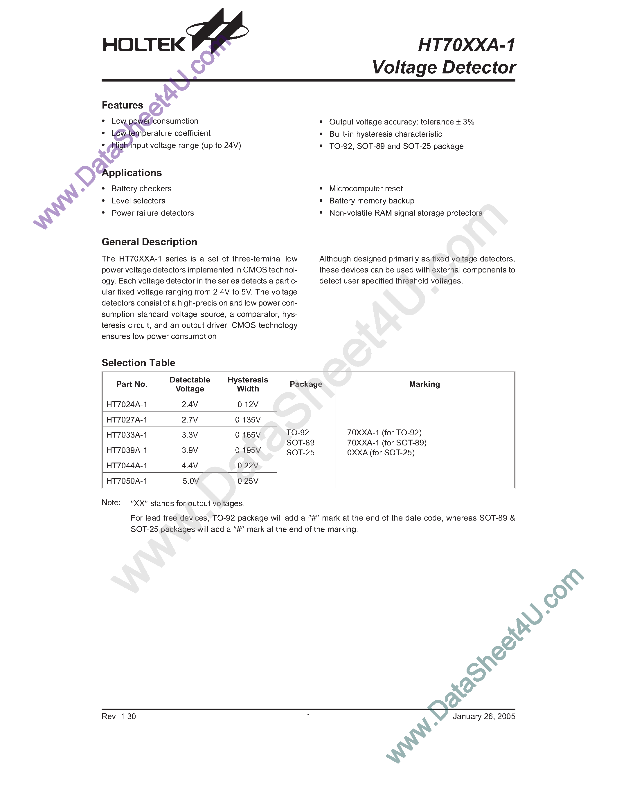 Даташит HT7024A-1 - (HT70xxA-1) Voltage Detector страница 1