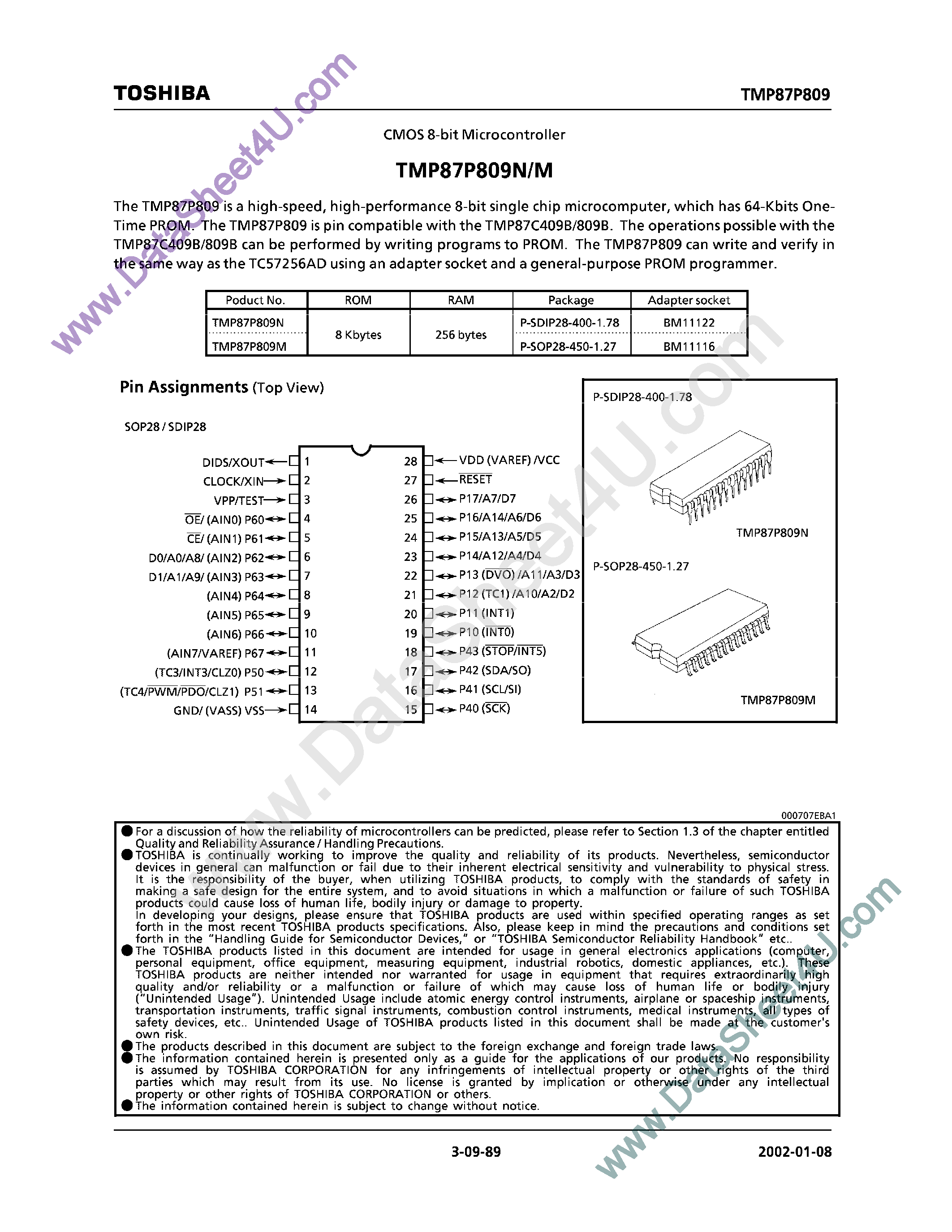 Datasheet TMP87P809M - (TMP87P809N/M) CMOS 8-Bit Microcontroller page 1