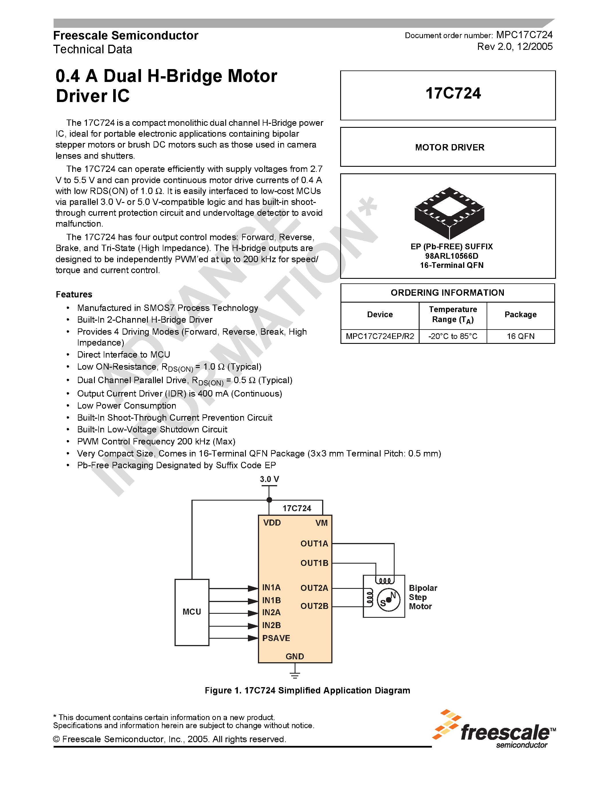 Даташит MPC17C724 - 0.4 A Dual H-Bridge Motor Driver IC страница 1