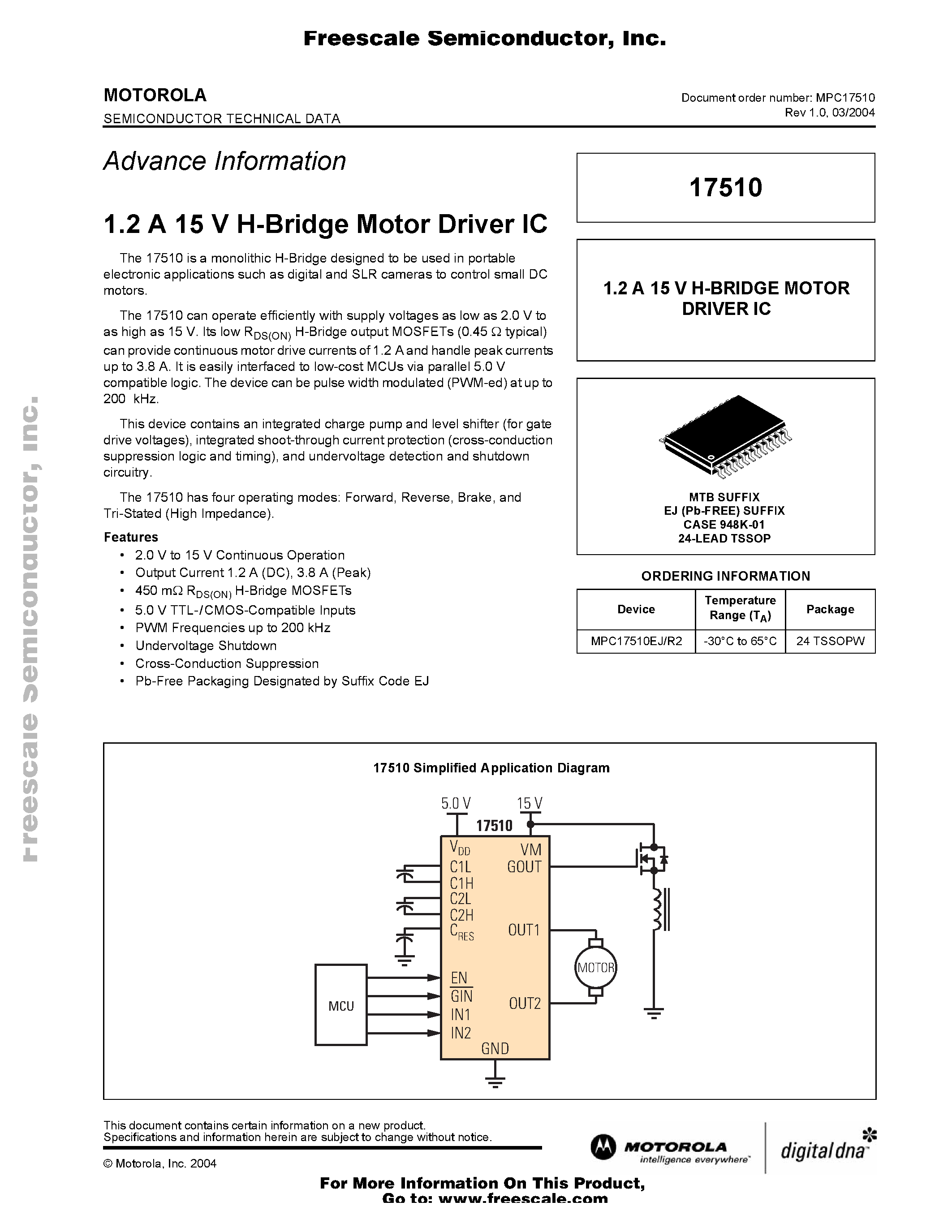 Даташит MPC17510 - 1.2 A 15 V H-Bridge Motor Driver IC страница 1
