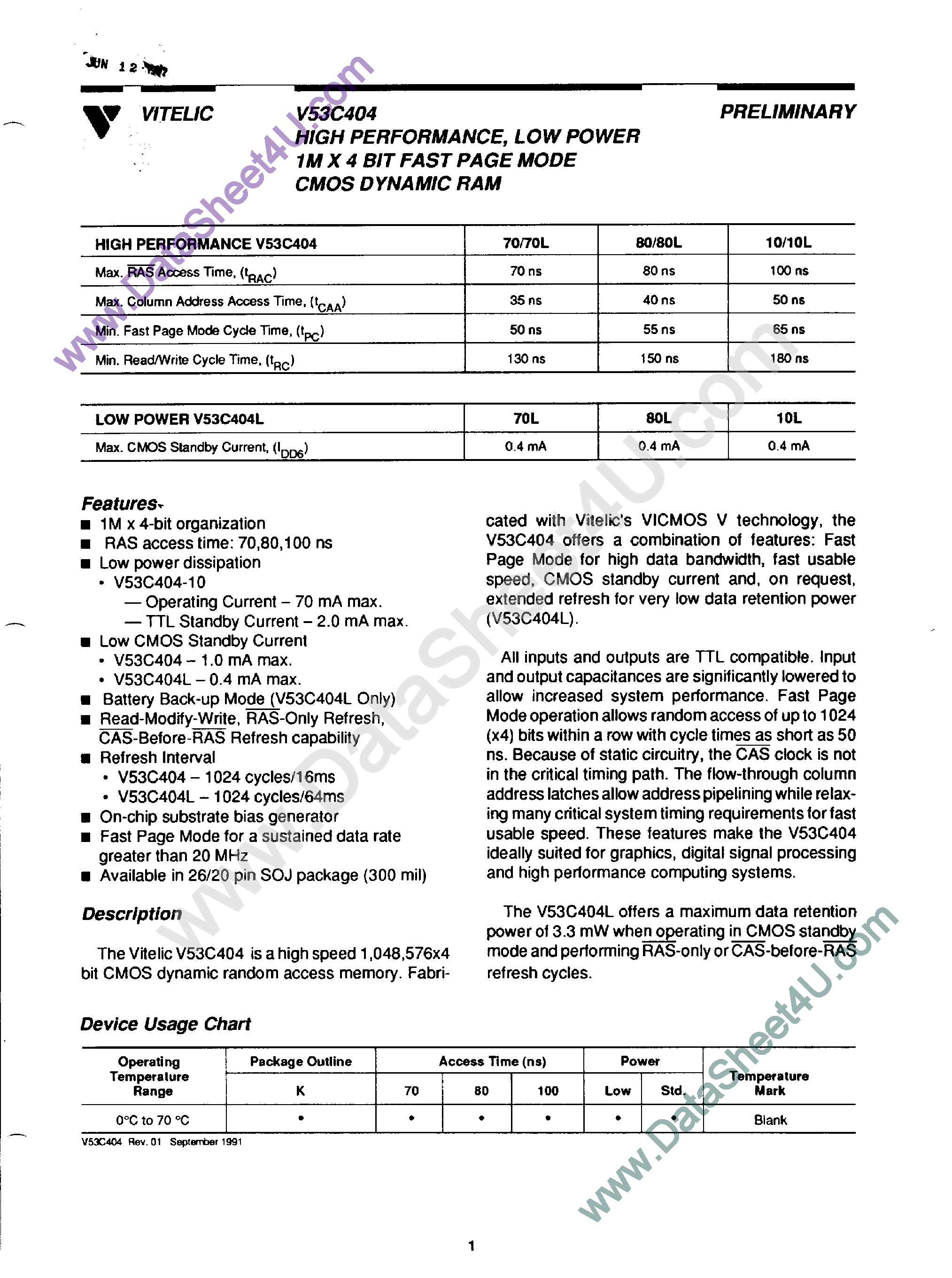 Datasheet V53C404 - High Performance / Low Power 1M x 4-Bit Fast Page Mode CMOS DRAM page 1