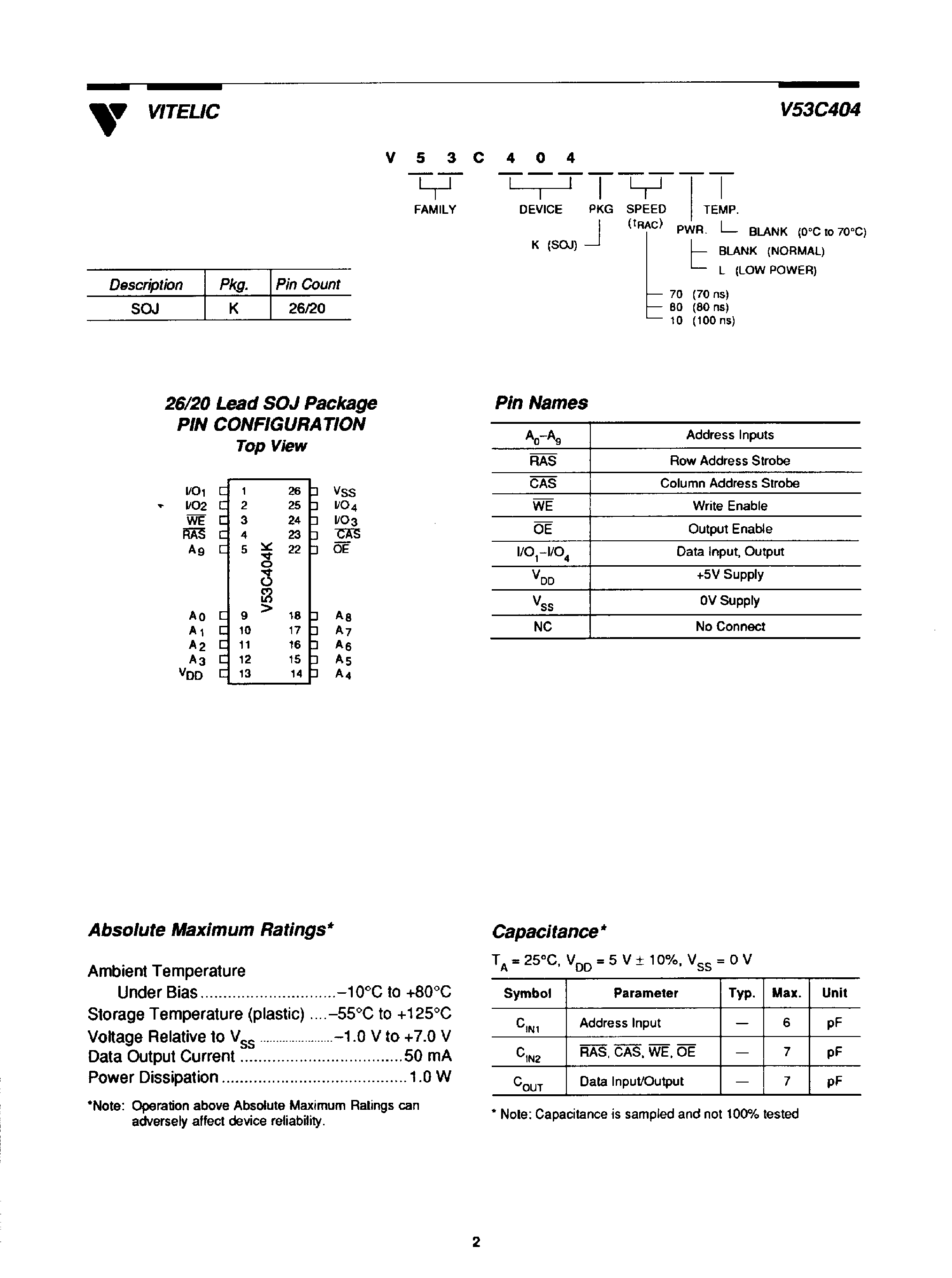 Datasheet V53C404 - High Performance / Low Power 1M x 4-Bit Fast Page Mode CMOS DRAM page 2