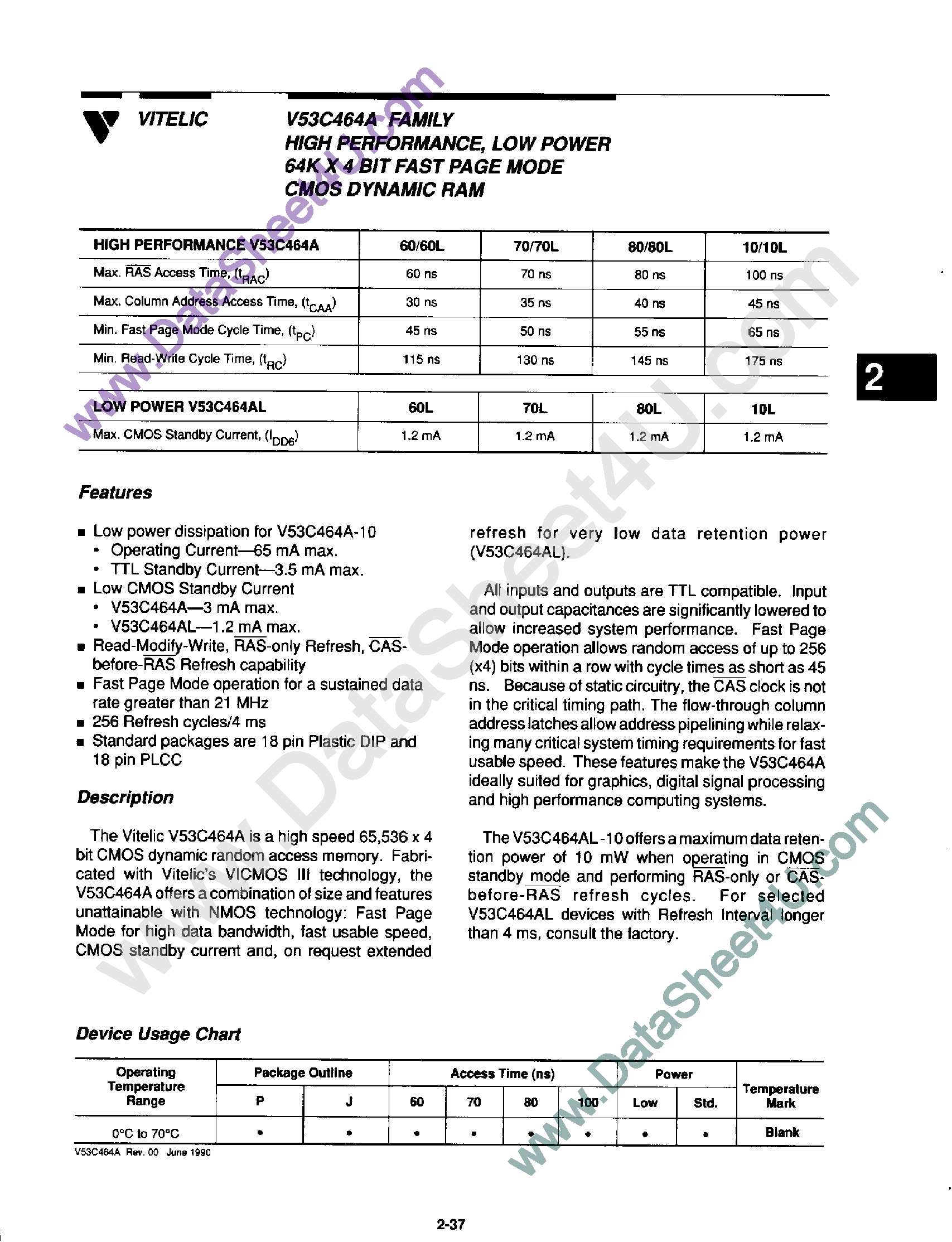 Datasheet V53C464A - High Performance / Low Power 64K x 4-Bit Fast Page Mode CMOS DRAM page 1