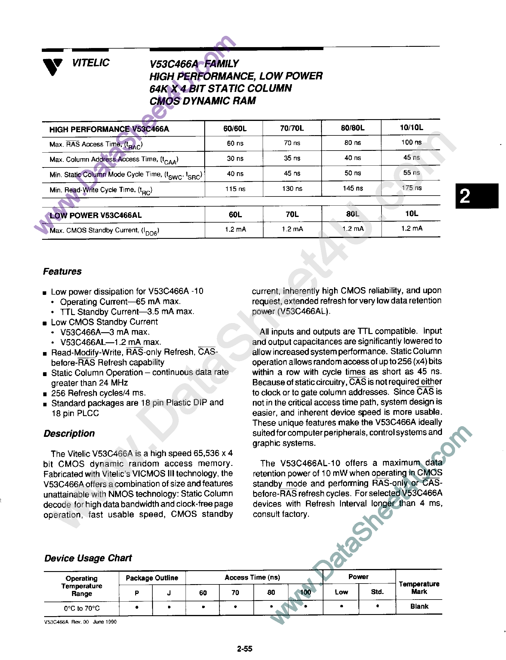 Datasheet V53C466A - High Performance / Low Power 64K x 4-Bit Fast Page Mode CMOS DRAM page 1