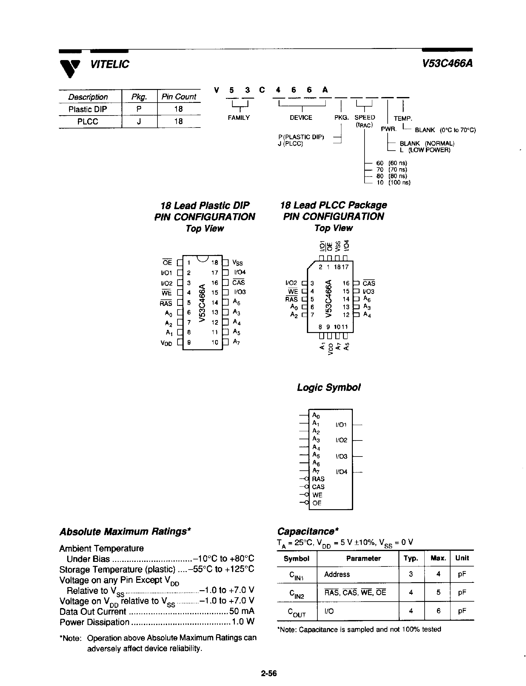 Datasheet V53C466A - High Performance / Low Power 64K x 4-Bit Fast Page Mode CMOS DRAM page 2