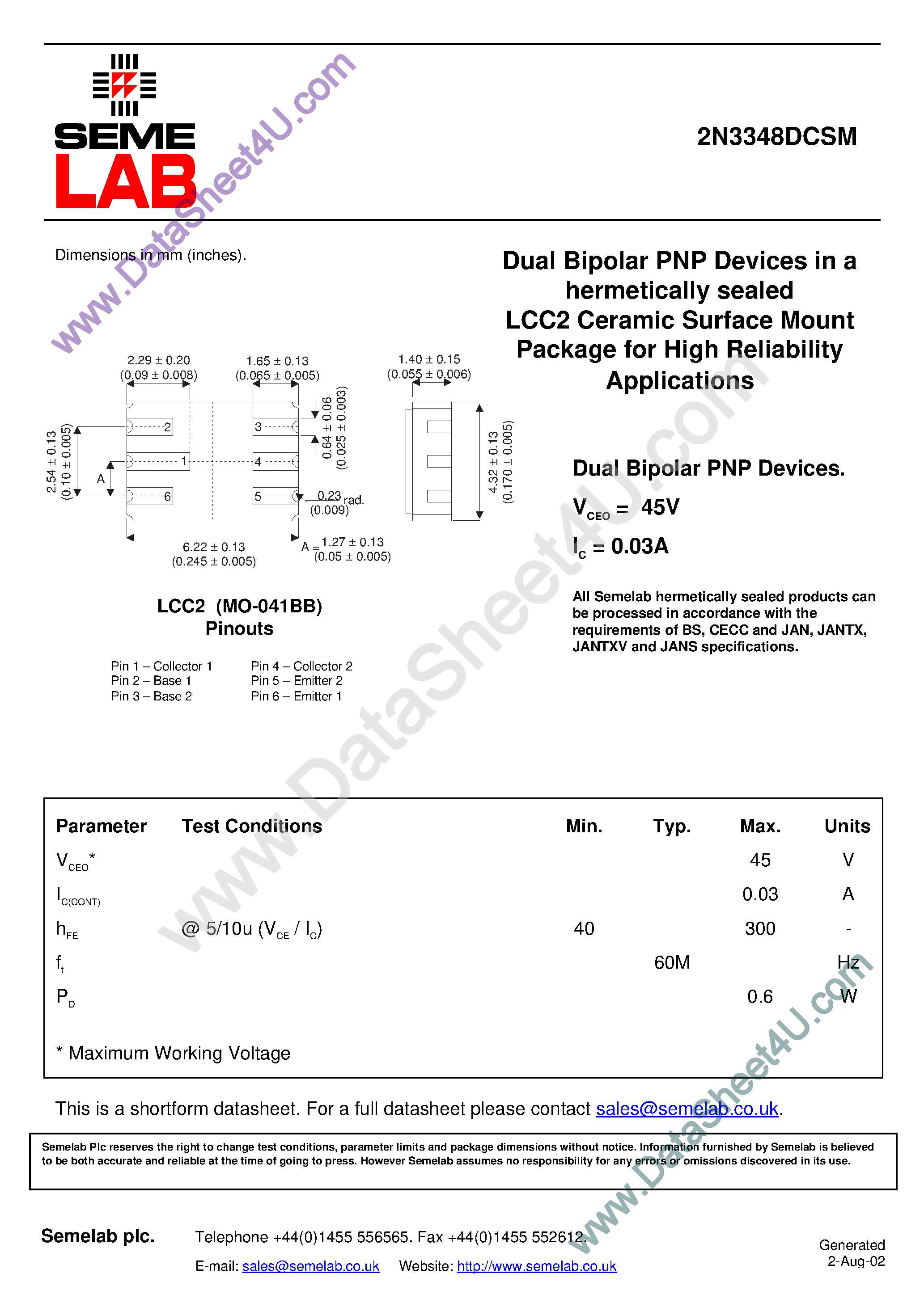 Даташит 2N3348DCSM - Dual Bipolar PNP Devices страница 1