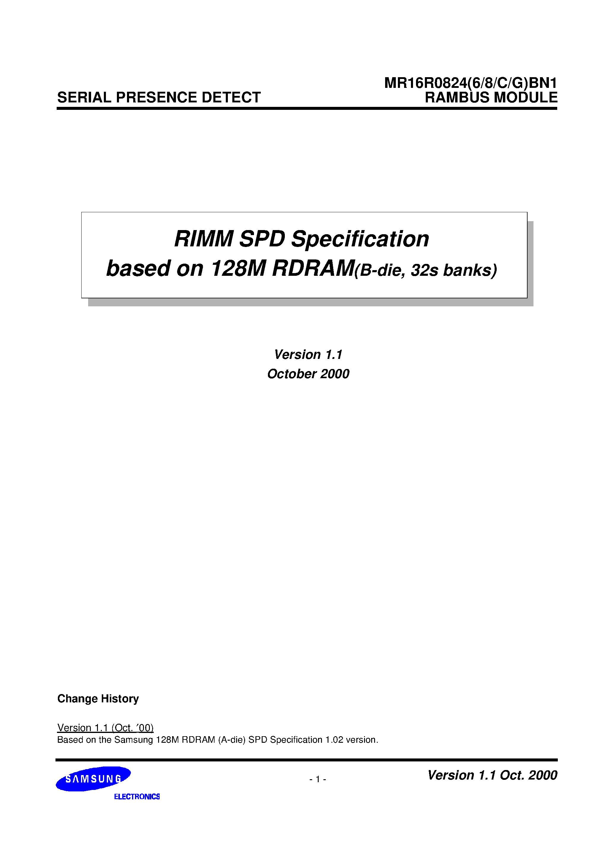 Datasheet MR16R0824BN1 - (MR16R0824(6/8/C/G)BN1) RAMBUS MODULE page 1