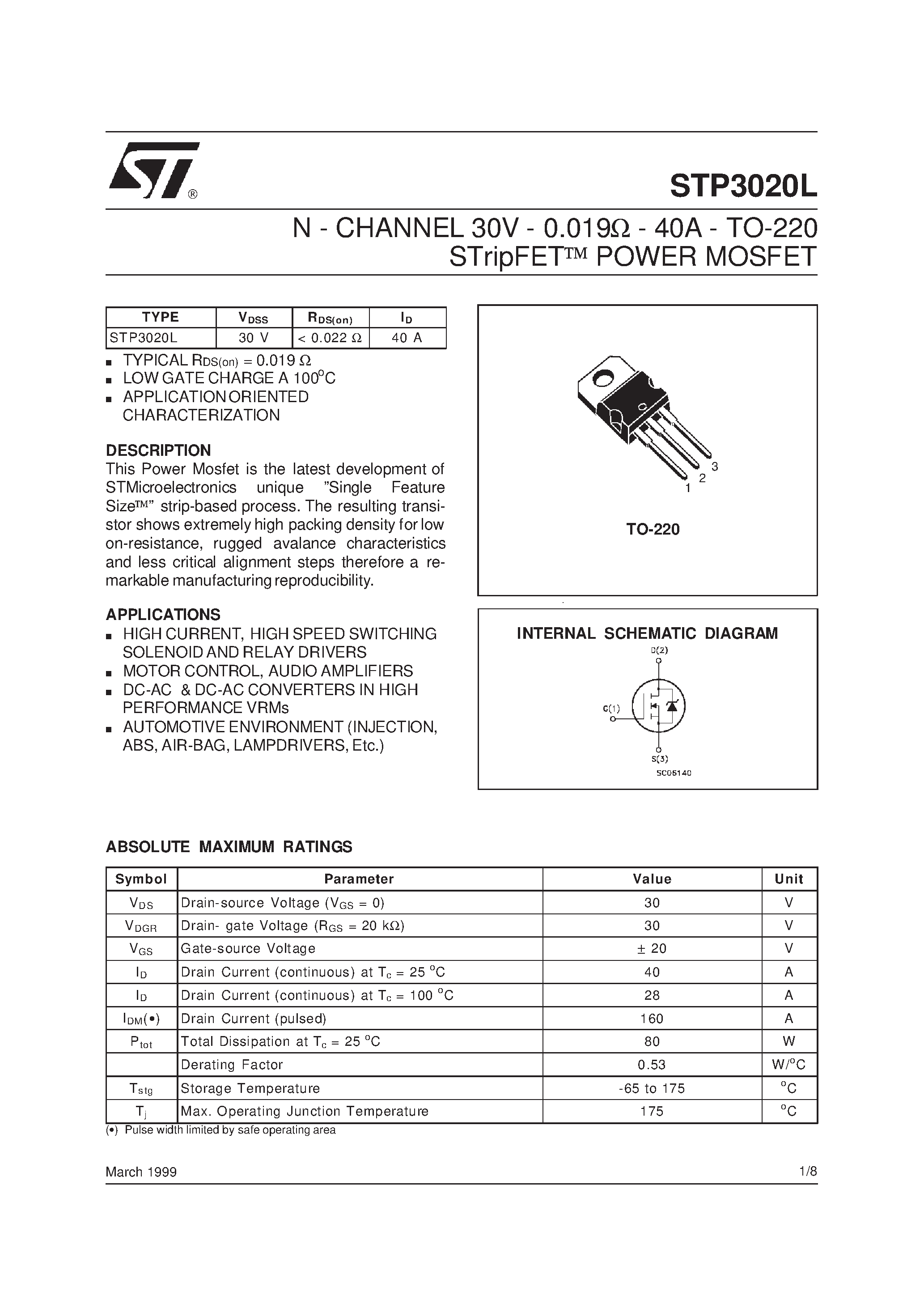 Даташит STP3020L - N - CHANNEL POWER MOSFET страница 1