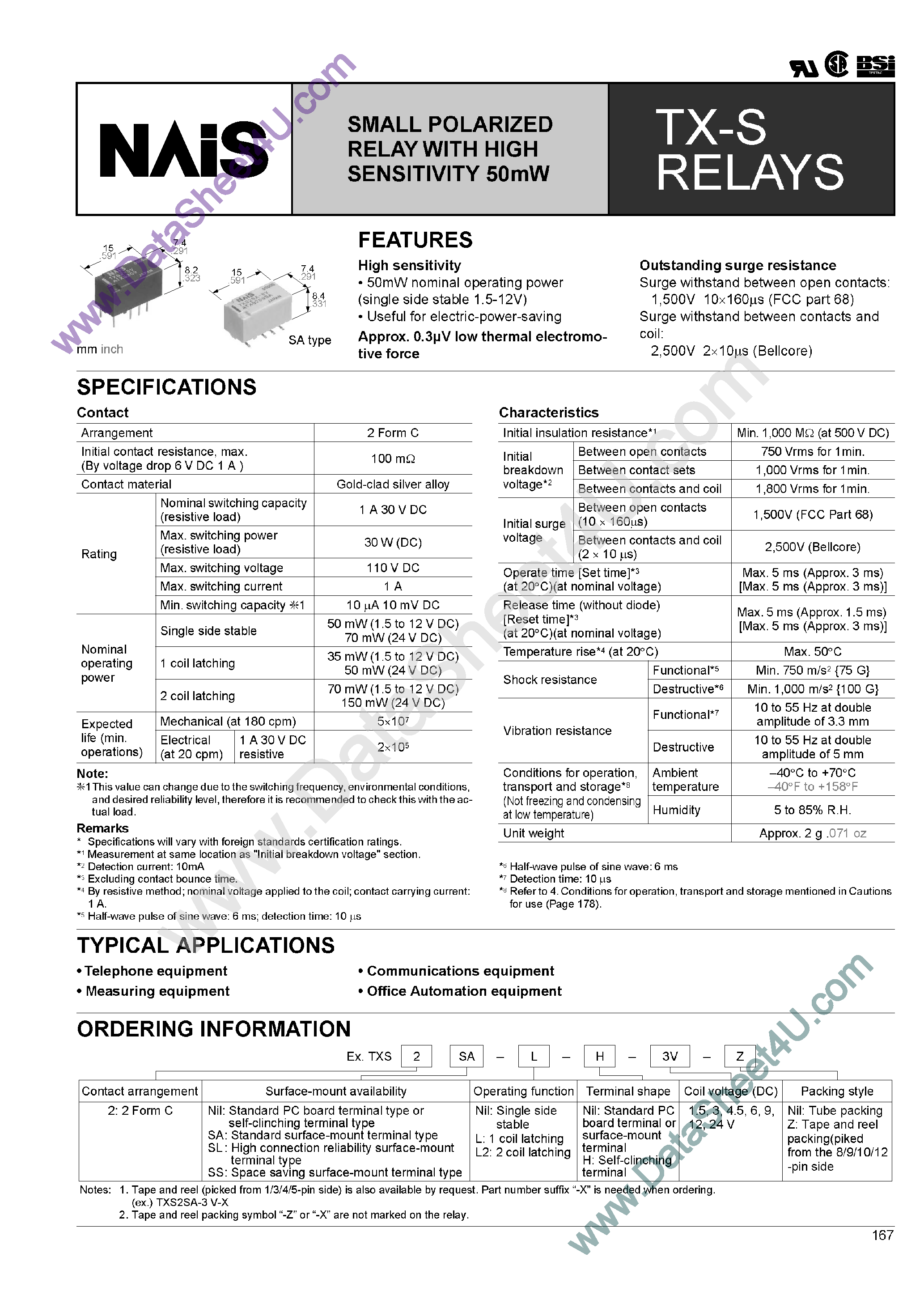 Даташит TXS2-xxxV - TX-S relay / Small polarized relay страница 1