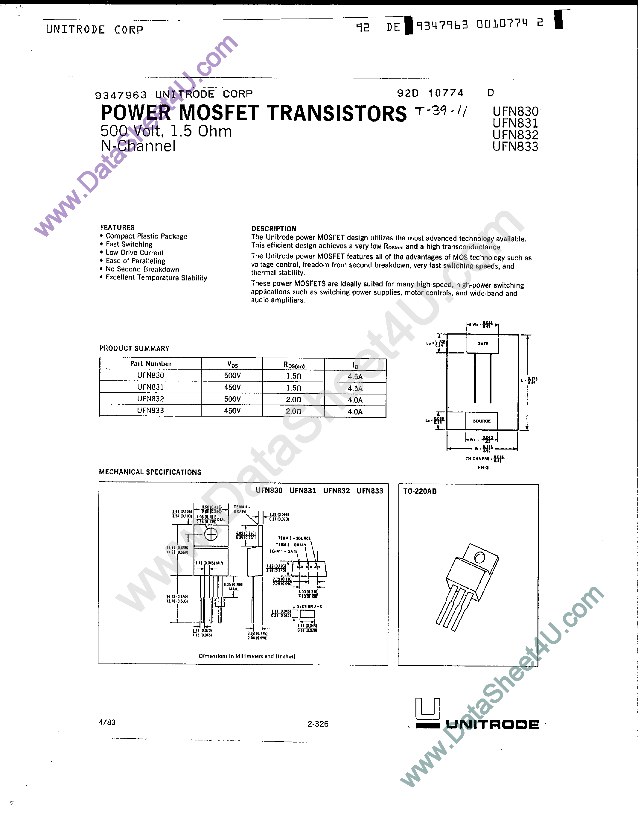 Даташит UFN830 - (UFN830 - UFN833) Power MOSFET Transistors страница 1