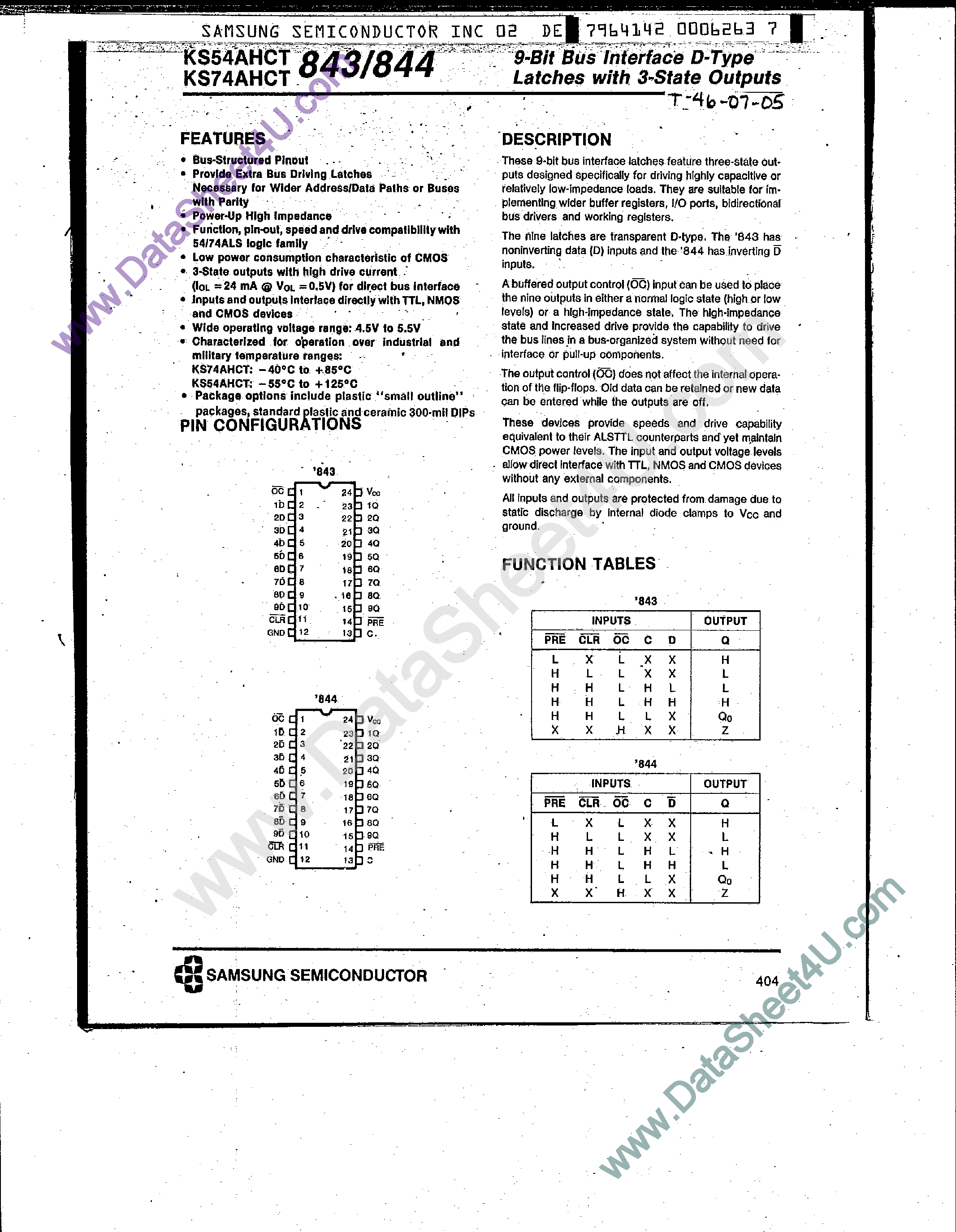 Даташит KS74AHCT843 - (KS74AHCT843 / KS74AHCT844) 9-Bit Bus Interface D-Type Latches страница 1