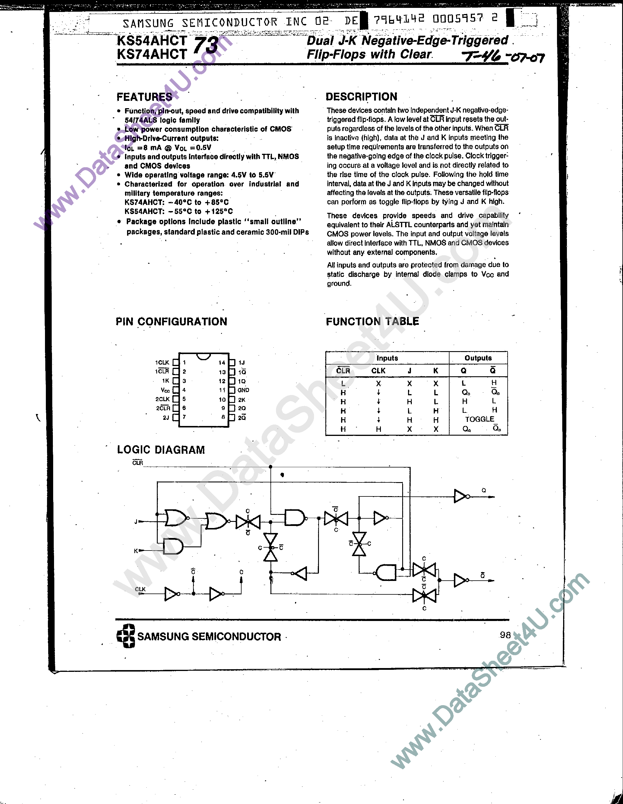 Даташит KS74AHCT73 - Dual J-K Negative-Edge-Triggered Flip-Flops страница 1